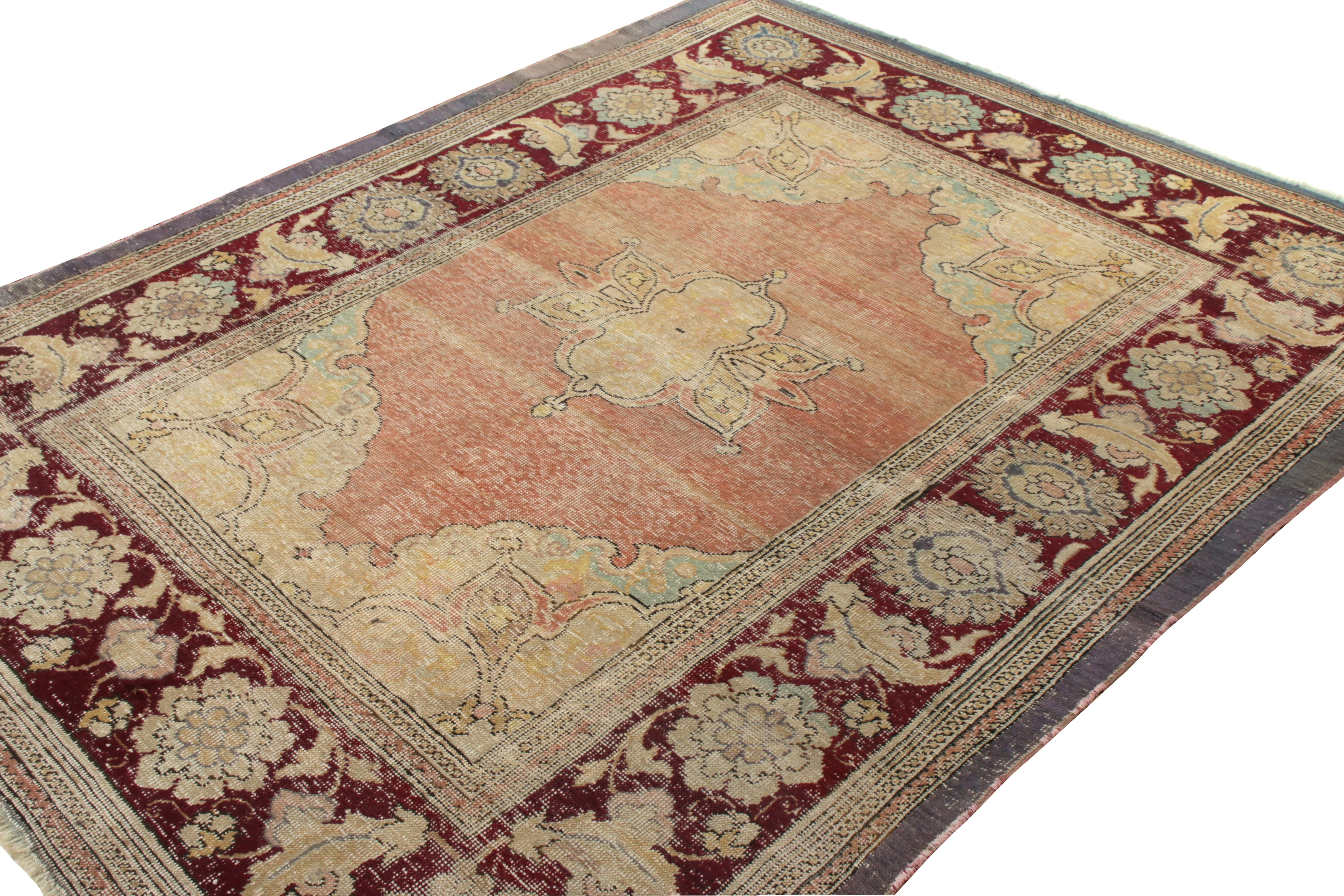 Hand-Knotted Antique Hereke Rug with Gold Floral Medallion and Red Border, by Rug & Kilim For Sale