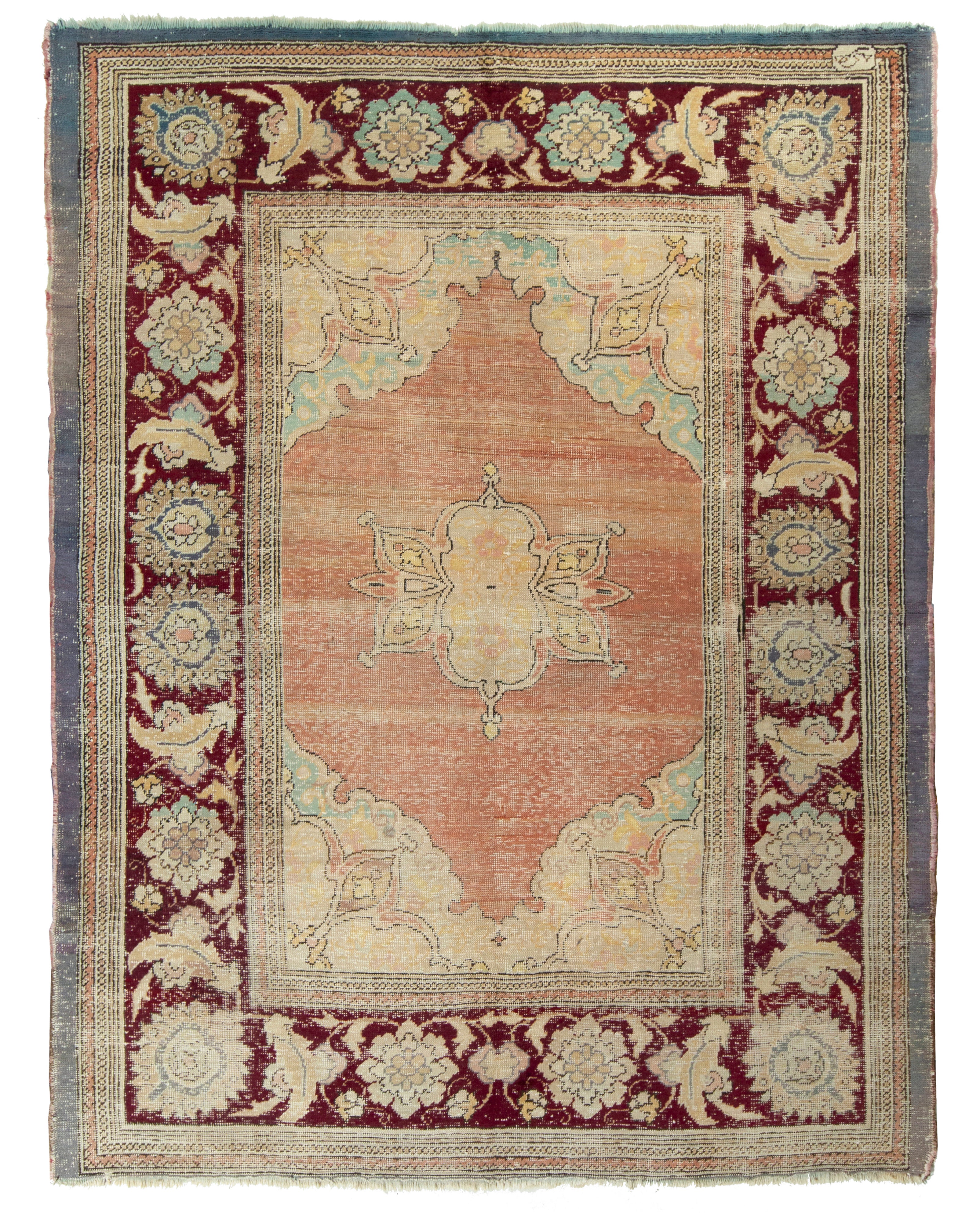 Antiker Hereke-Teppich mit goldenem, geblümtem Medaillon und roter Bordüre von Rug & Kilim