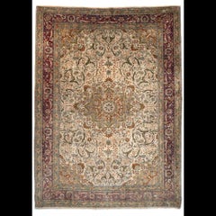 Antique Hereke Silk Rug, Hand-Knotted, Ivory and Burgundy, Turkey