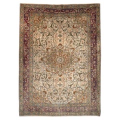 Antique Hereke Silk Rug, Hand-Knotted, Ivory and Burgundy, Turkey