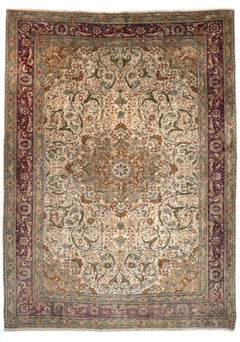 Antique Hereke Silk Rug, Hand-Knotted, Ivory and Burgundy, Turkey