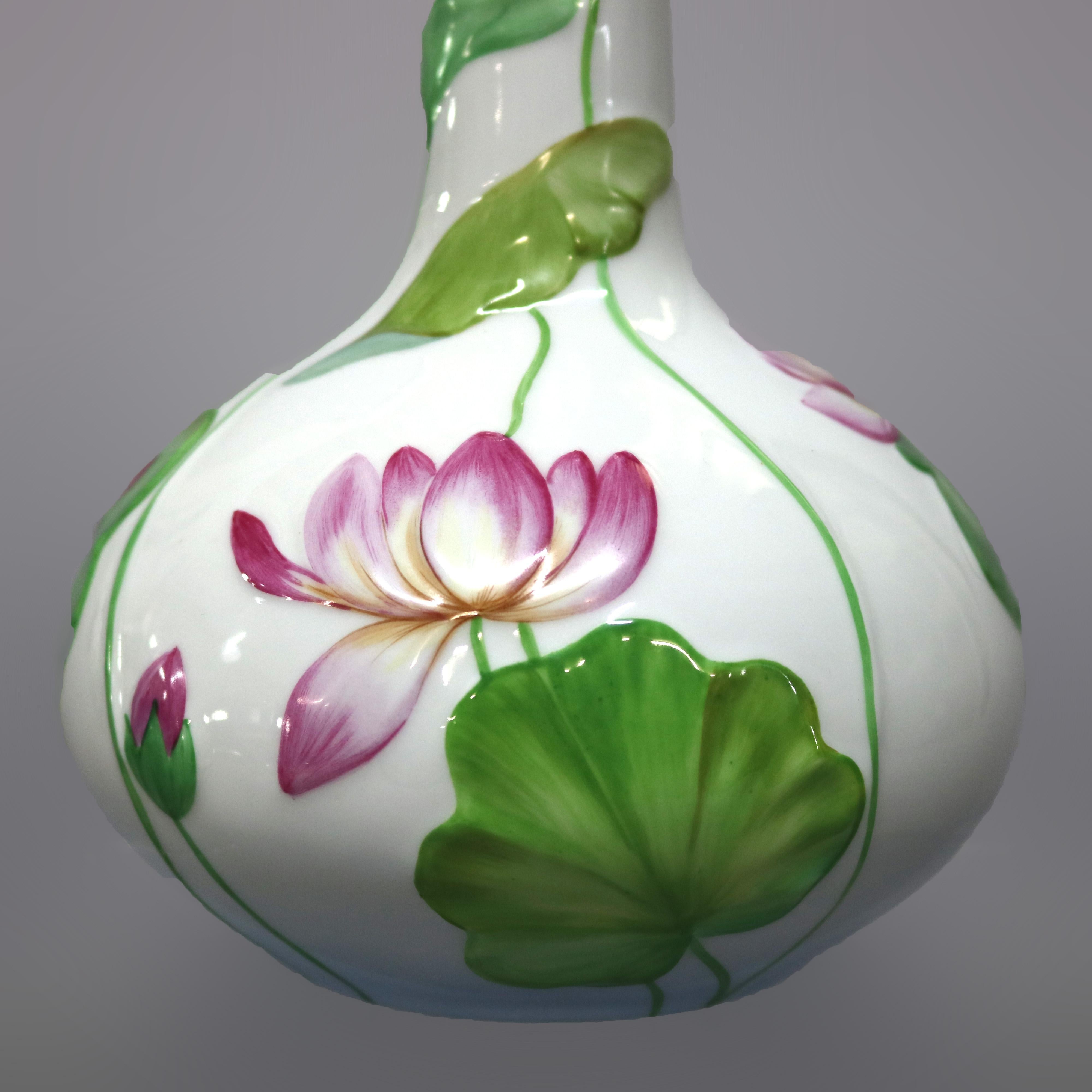 Herend Hungary Porcelain Hand Painted Lily Pad and Butterfly Vase, 20th Century In Good Condition In Big Flats, NY