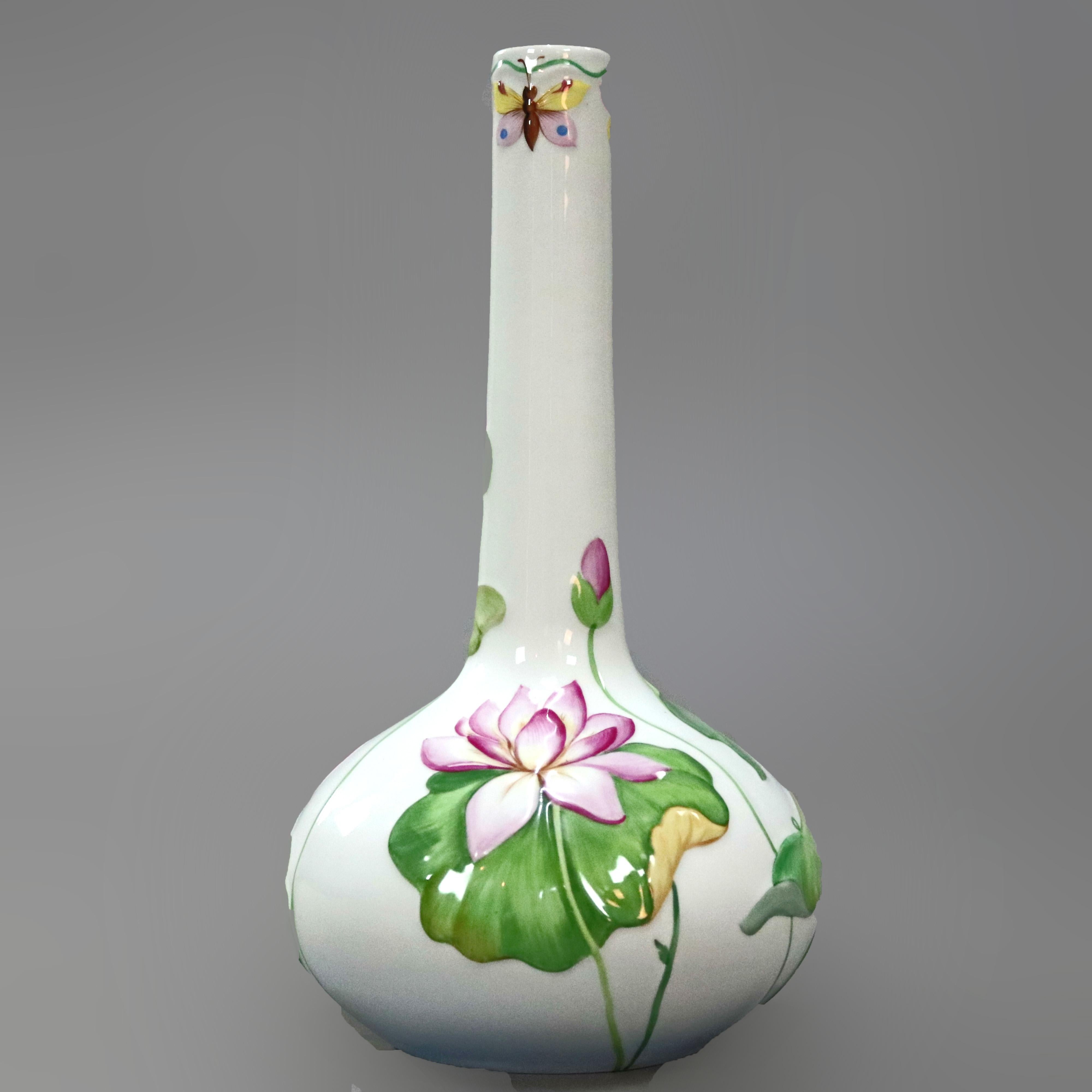 Herend Hungary Porcelain Hand Painted Lily Pad and Butterfly Vase, 20th Century 1