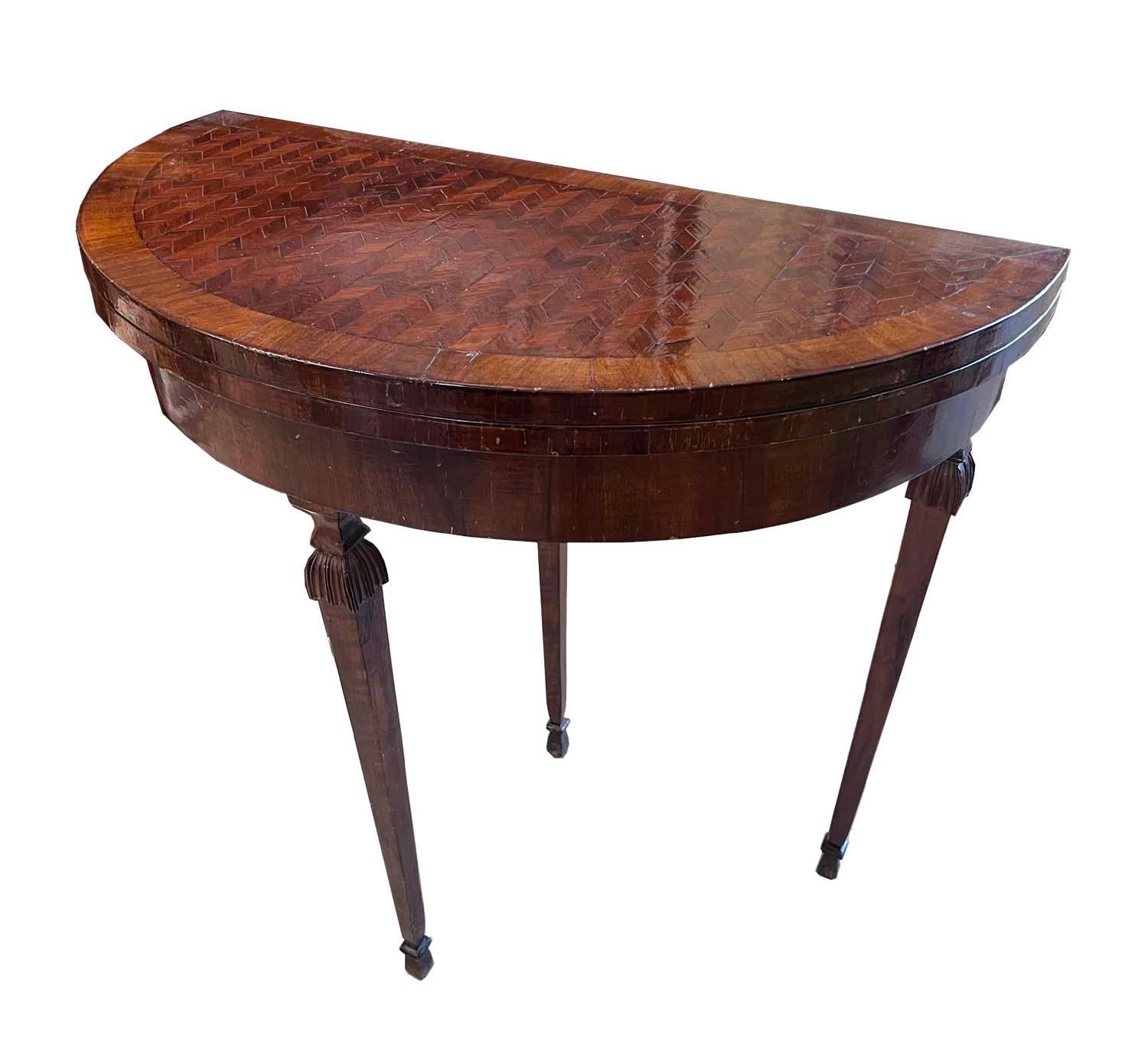 This is a beautiful example of a master furniture maker. The inlay is on both sides of this table that opens up to a 38 inch round table with a sliding drawer/leg giving this a sturdy and firm surface. A unique and functional design. Solid Mahogany