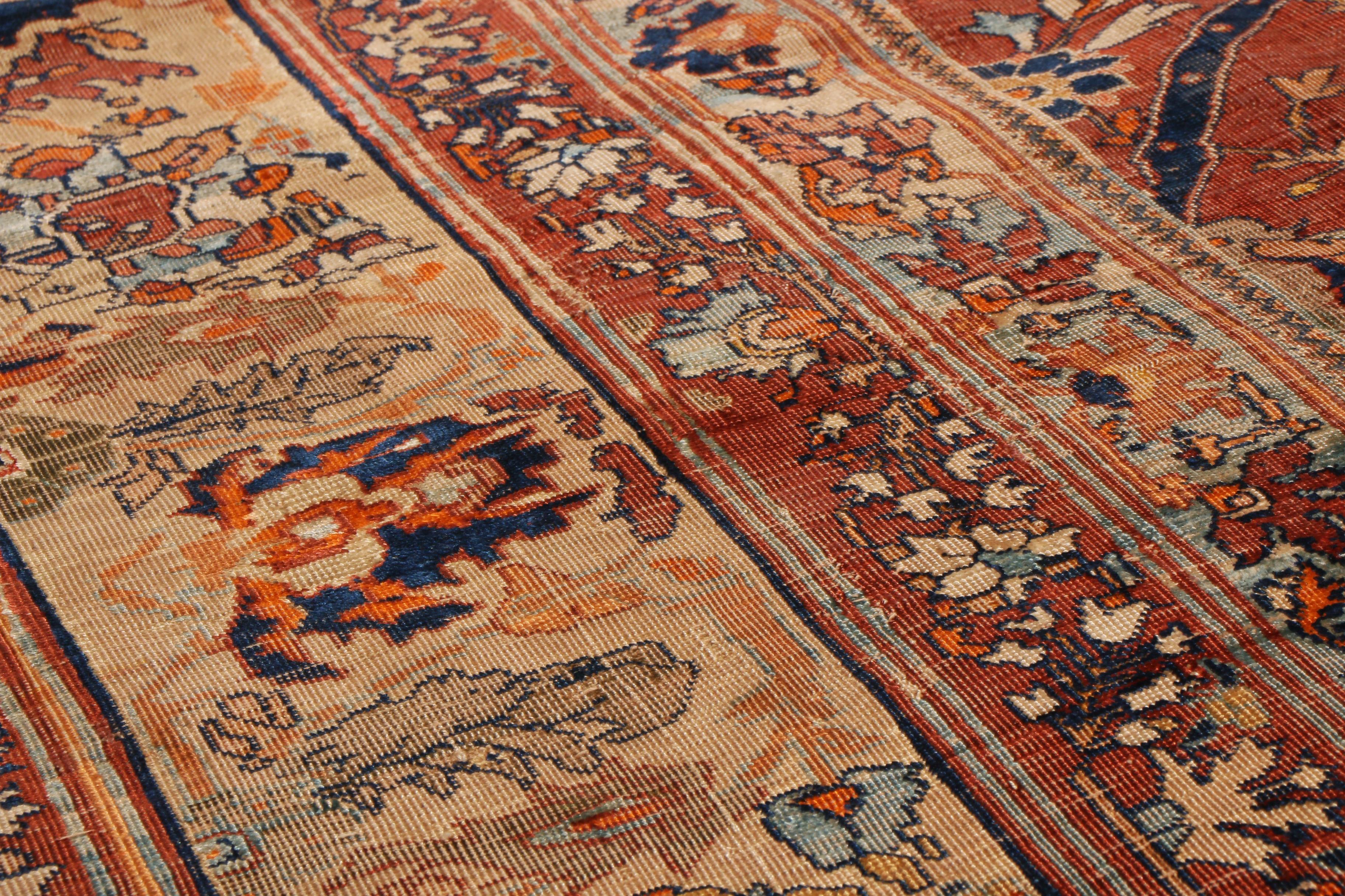 Persian Antique Heriz Brown and Blue Silk Rug with Mahi