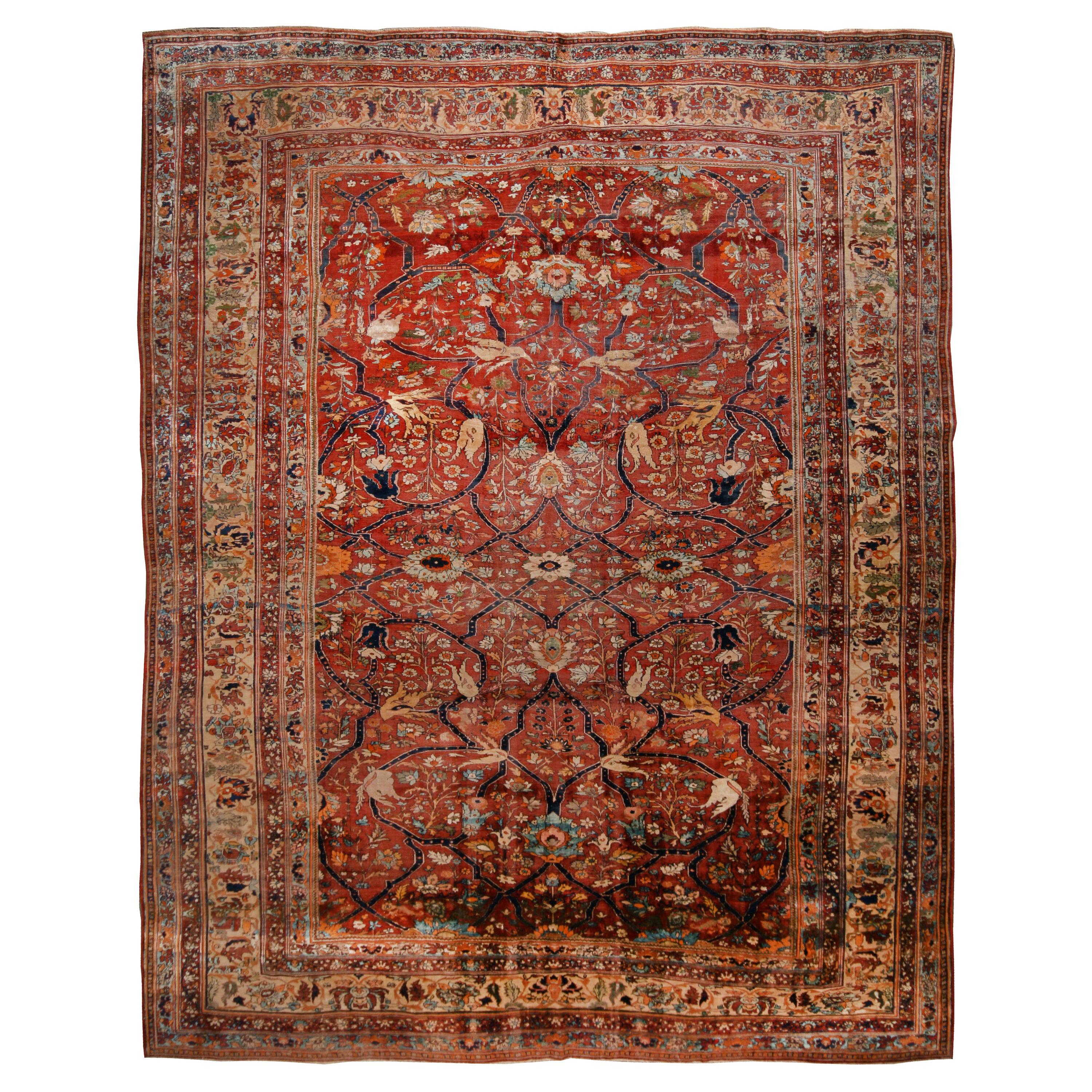 Antique Heriz Brown and Blue Silk Rug with Mahi For Sale