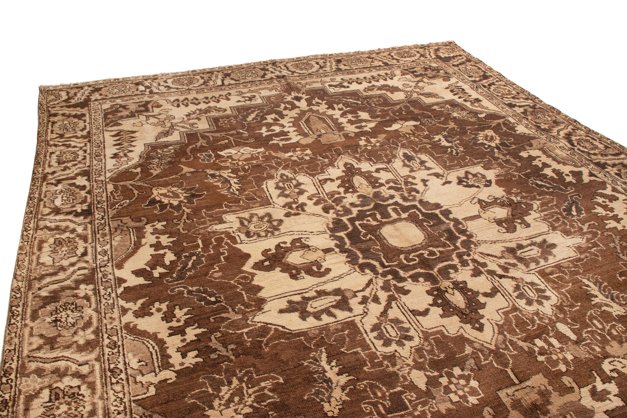 Hand-Knotted Antique Heriz Brown Medallion Rug with Geometric-Floral Patterns by Rug & Kilim For Sale