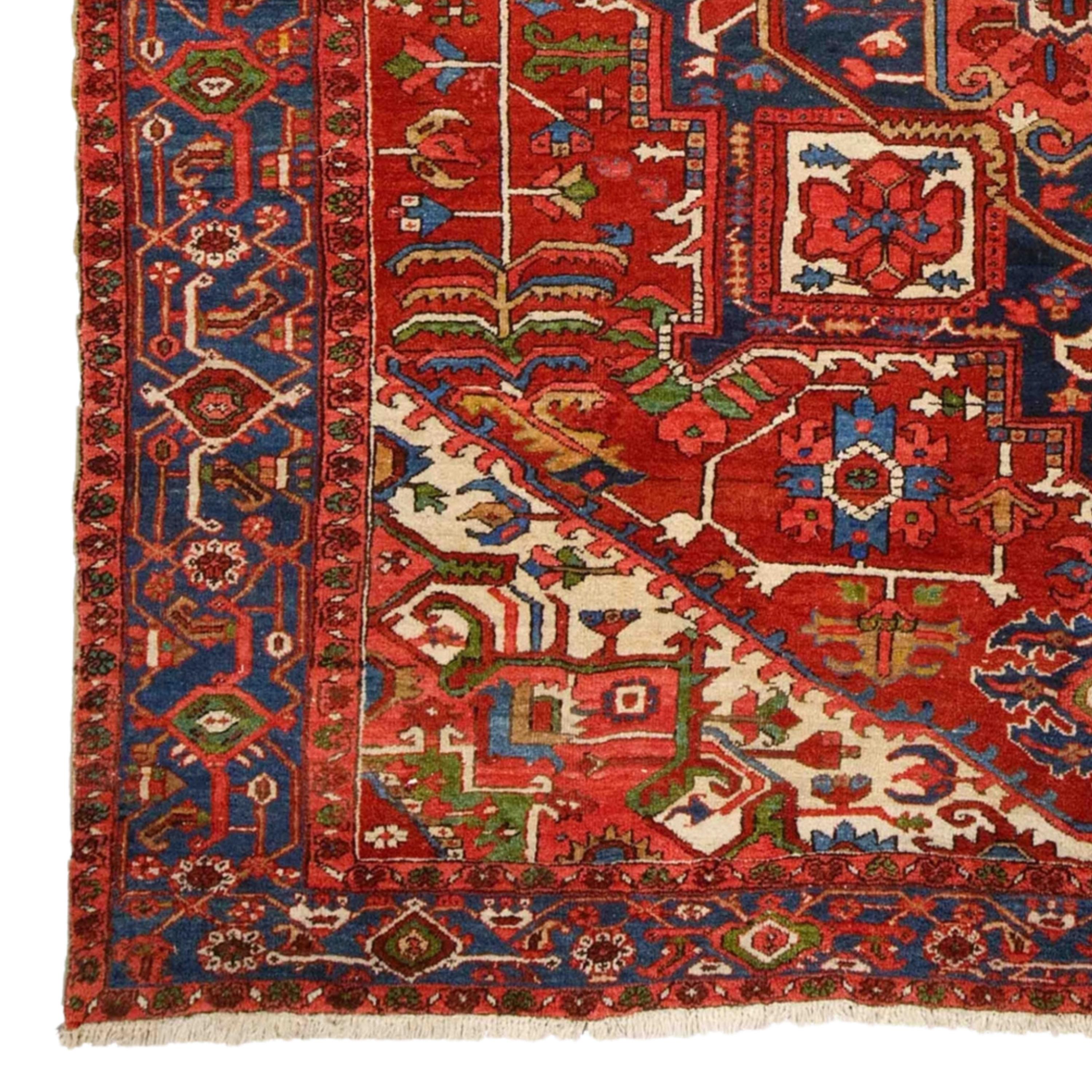 19th Century Heriz Carpet

This magnificent 19th-century antique Heriz rug is a masterpiece that weaves the history, art and culture of its time into its intricate patterns. Each stitch tells a story, with skilled craftsmen meticulously crafting