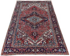 Antique Heriz Carpet, Wool, Geometric Design, Terracotta & Blue, 1920