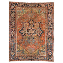 Antique Persian Rust and Blue Geometric Heriz Carpet, circa 1920-1930