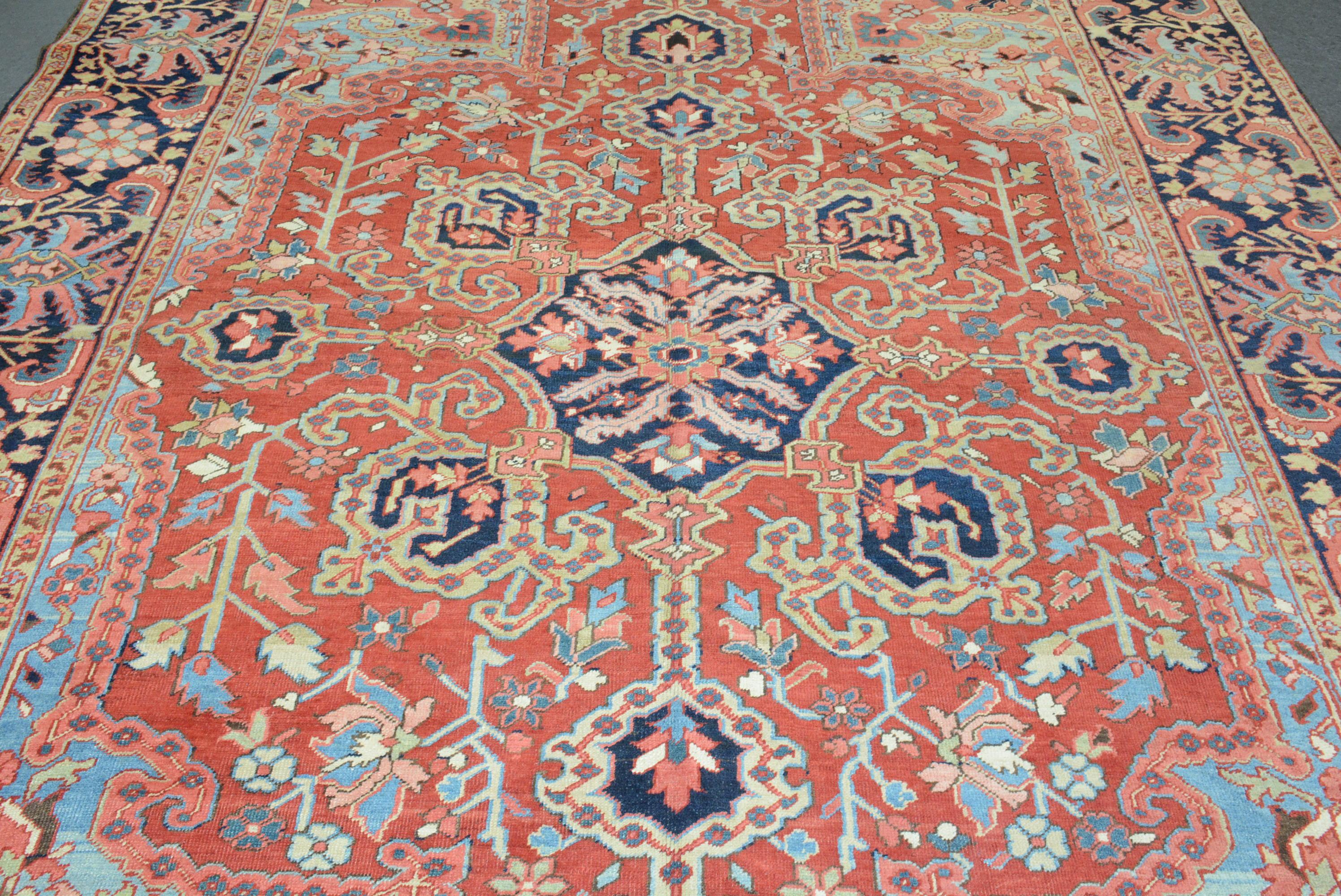 Heriz is a town in northwest Persia (Iran) that has been producing carpets since the 19th century. It is located on Mt. Sabalan, a major source of copper, whose summit is 15,784 feet. The grade of wool used in these carpets is amongst the best, a