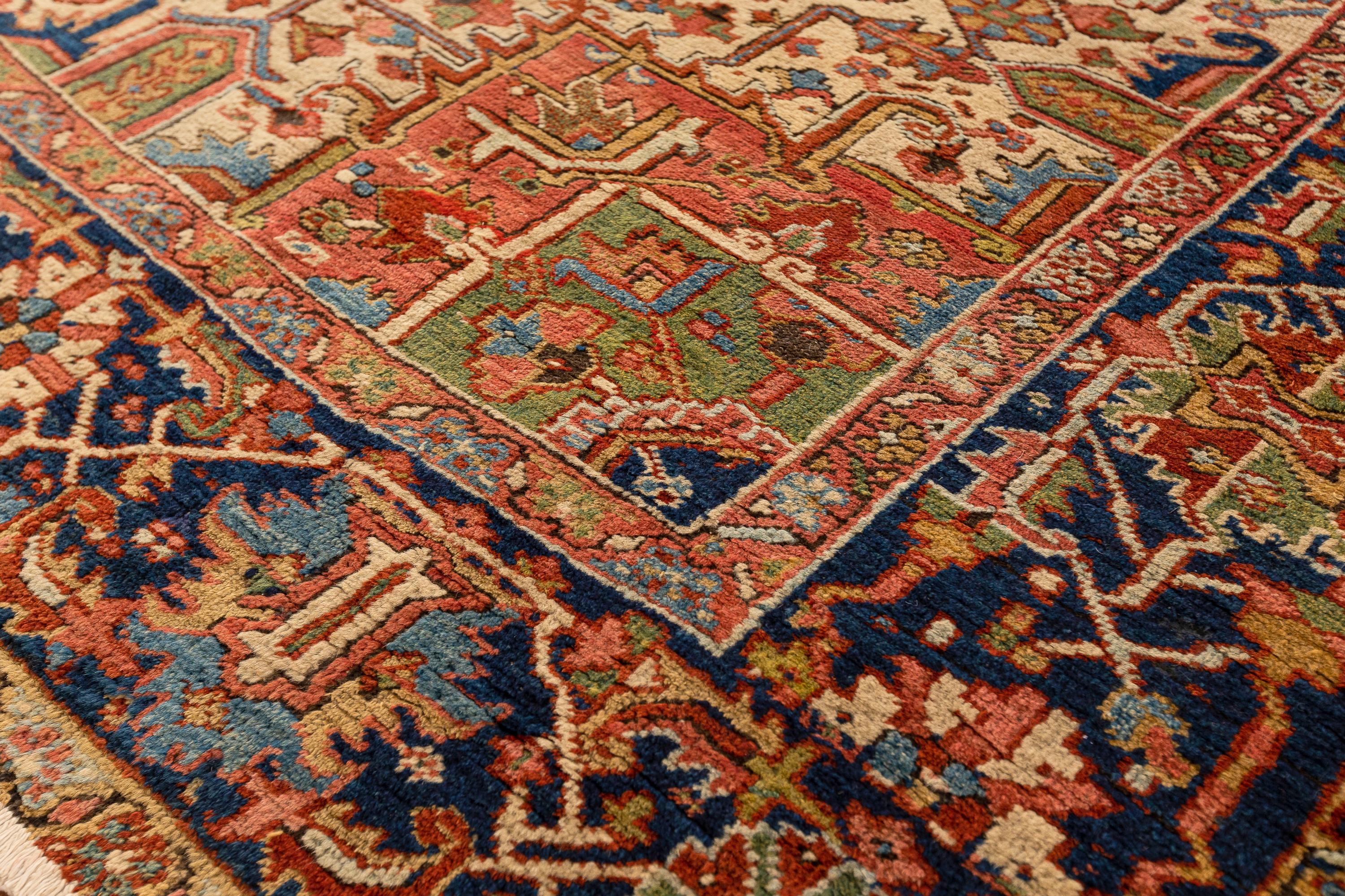 Heriz – Northwest Persia

Faithful to the traditional style of ancient Heriz Persian rugs, this masterpiece combines bold colours and designs that produce effects of straight and angular movements. The diagonal lines and rigid strokes arranged