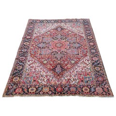 Antique Heriz Carpet Green Corners Leaf Border