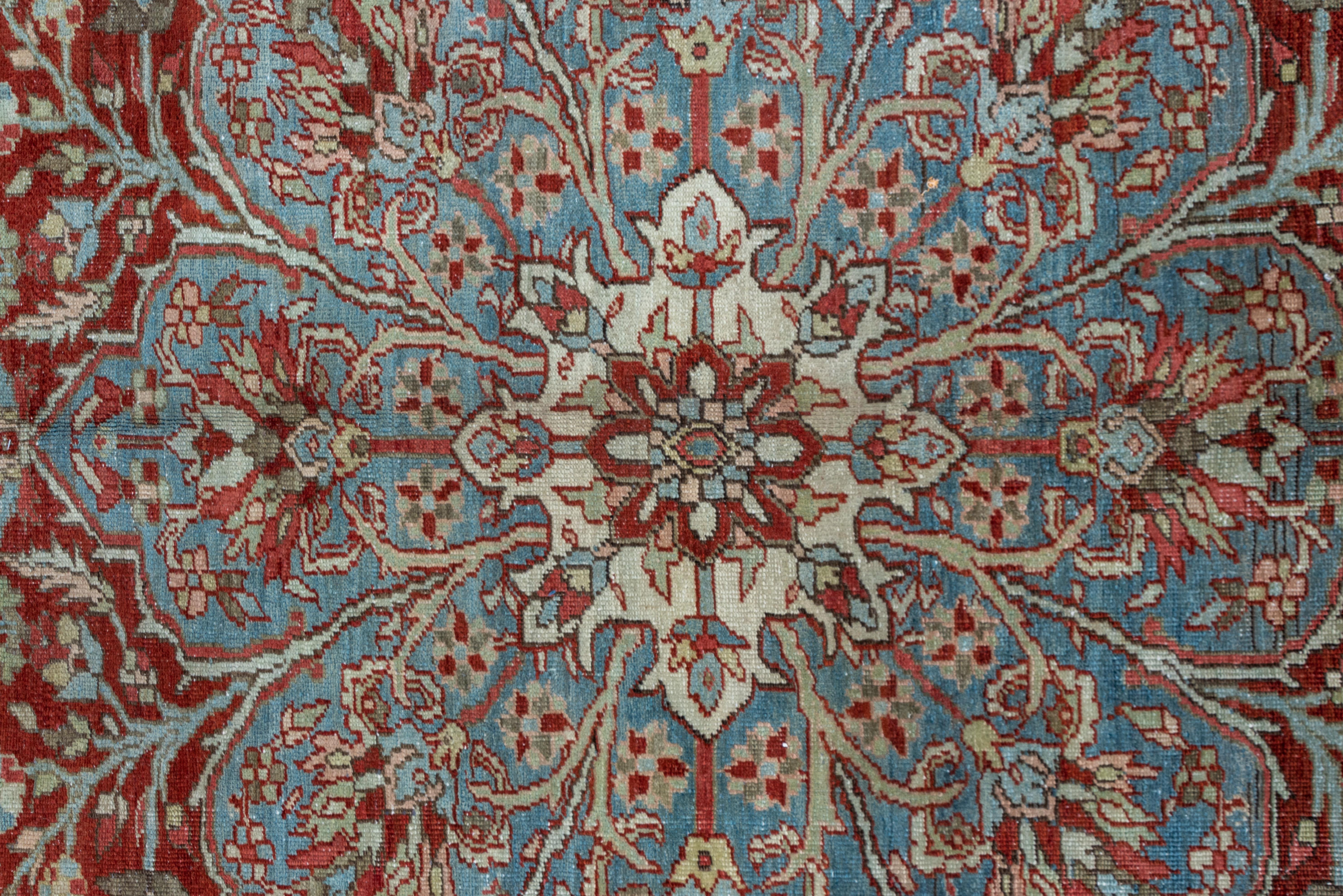 Persian Antique Heriz Carpet, Red Field, Light Blue Medallion, Light Blue Borders For Sale