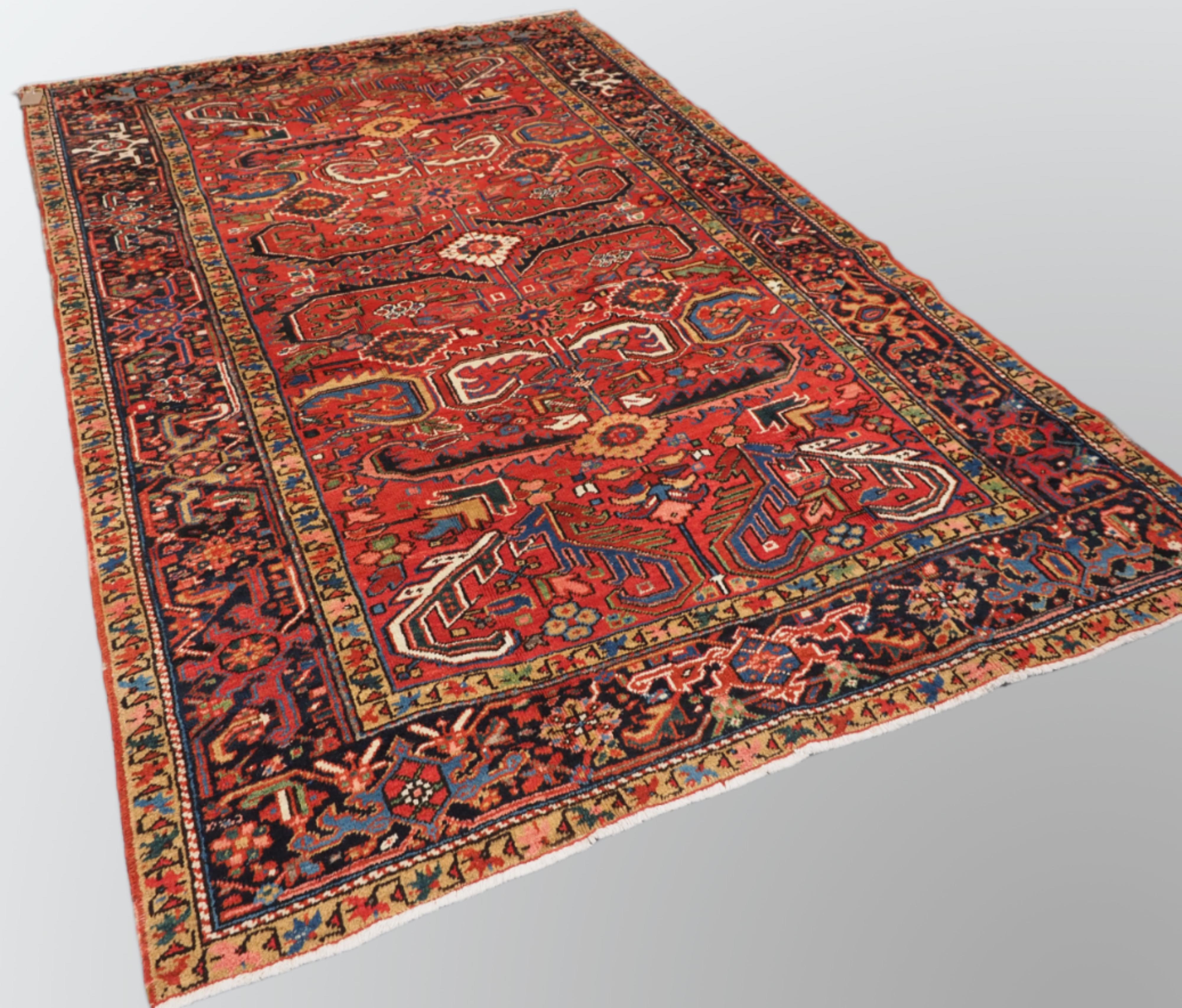 Size: 9ft 7in x 6ft 6in (292 x 197cm).

Antique Heriz carpet with a traditional all over design, soft colours on a warm red ground giving a light feel. Classic dark indigo blue border.

Circa 1910.

A very good Heriz carpet in a hard to find small