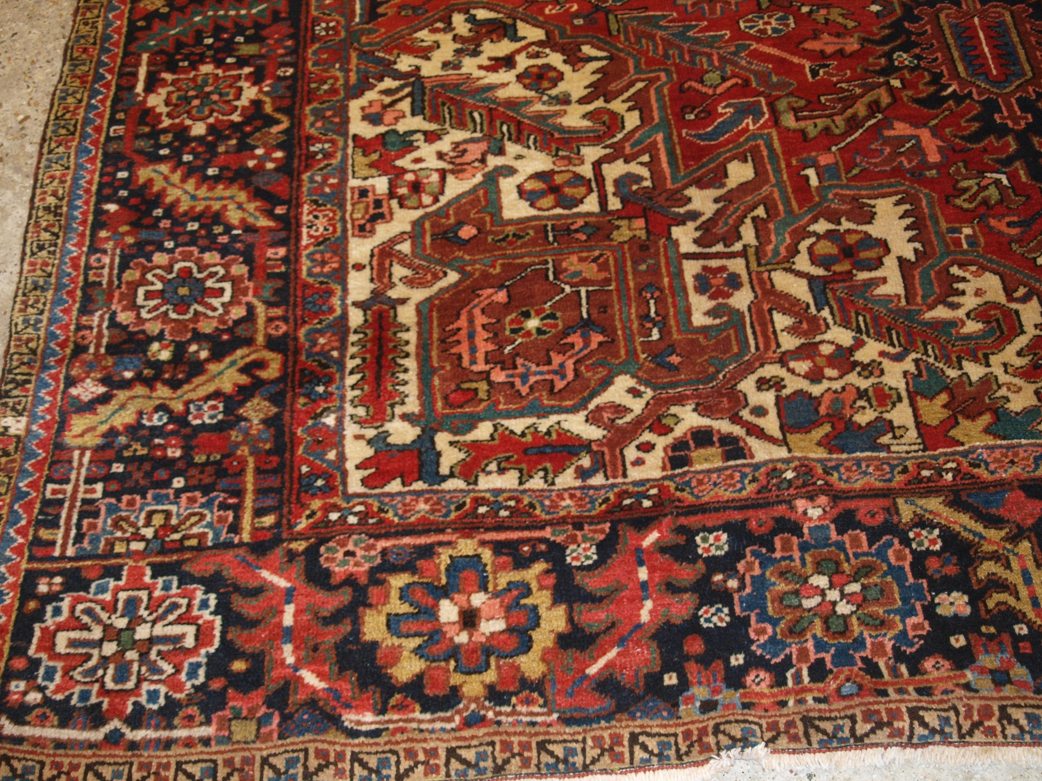 Antique Heriz Carpet with Large Medallion on Madder Red Field For Sale 5