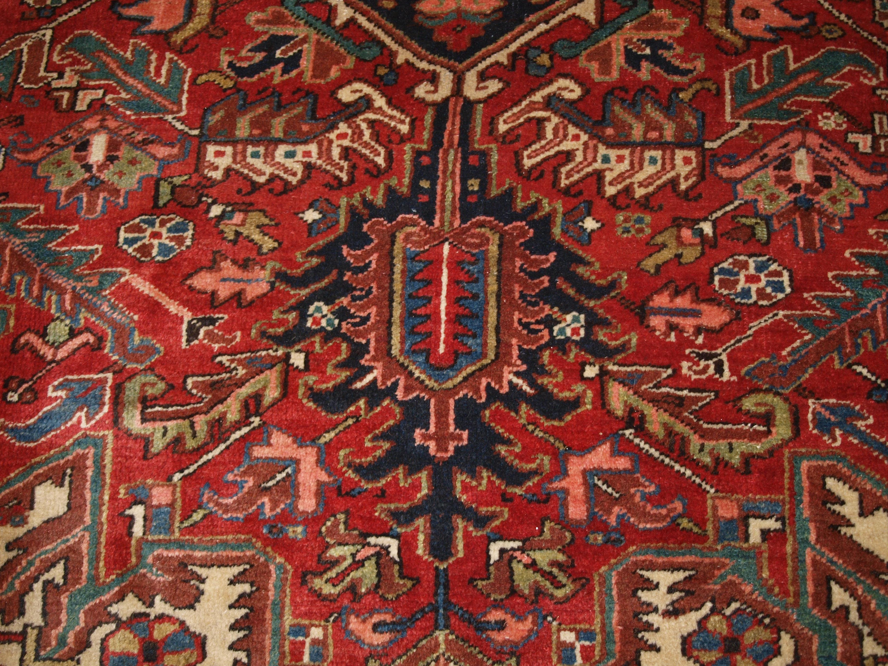 Antique Heriz Carpet with Large Medallion on Madder Red Field For Sale 6