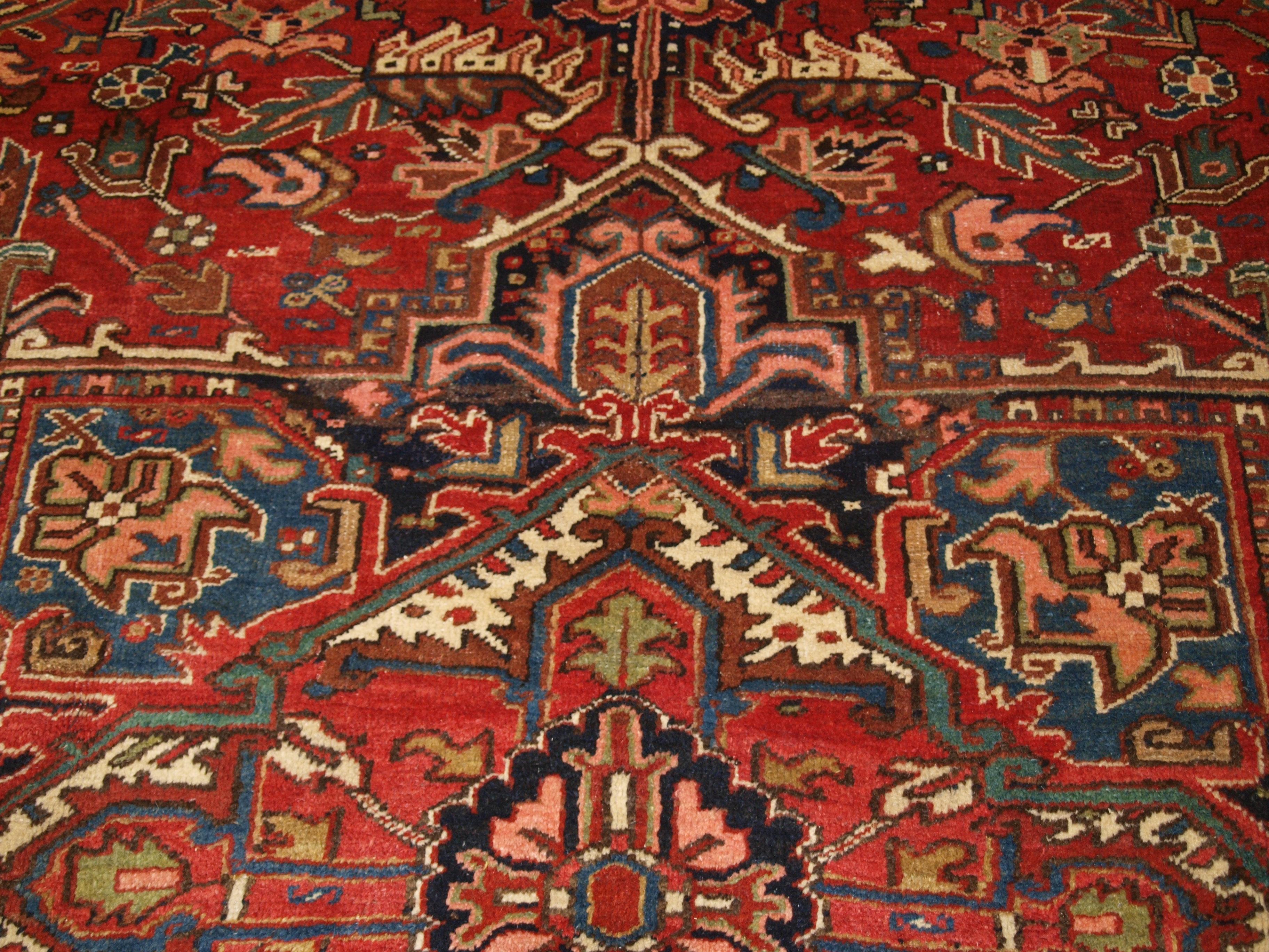 Antique Heriz Carpet with Large Medallion on Madder Red Field For Sale 8