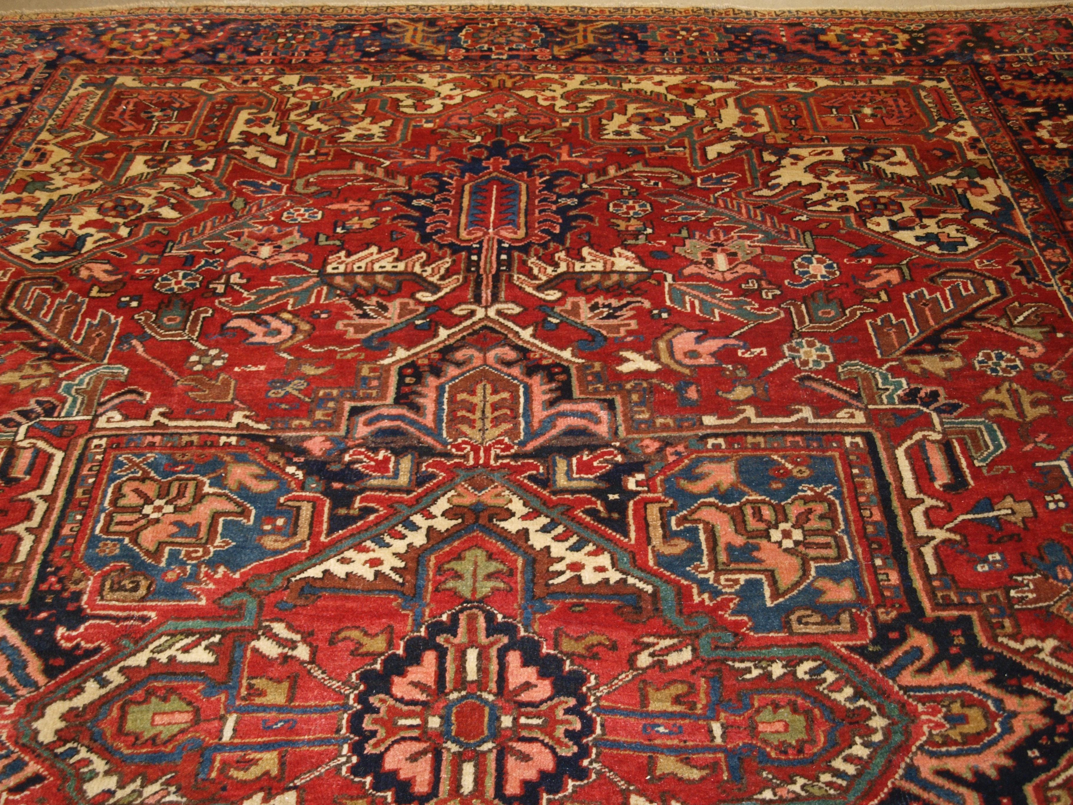 Antique Heriz Carpet with Large Medallion on Madder Red Field For Sale 2