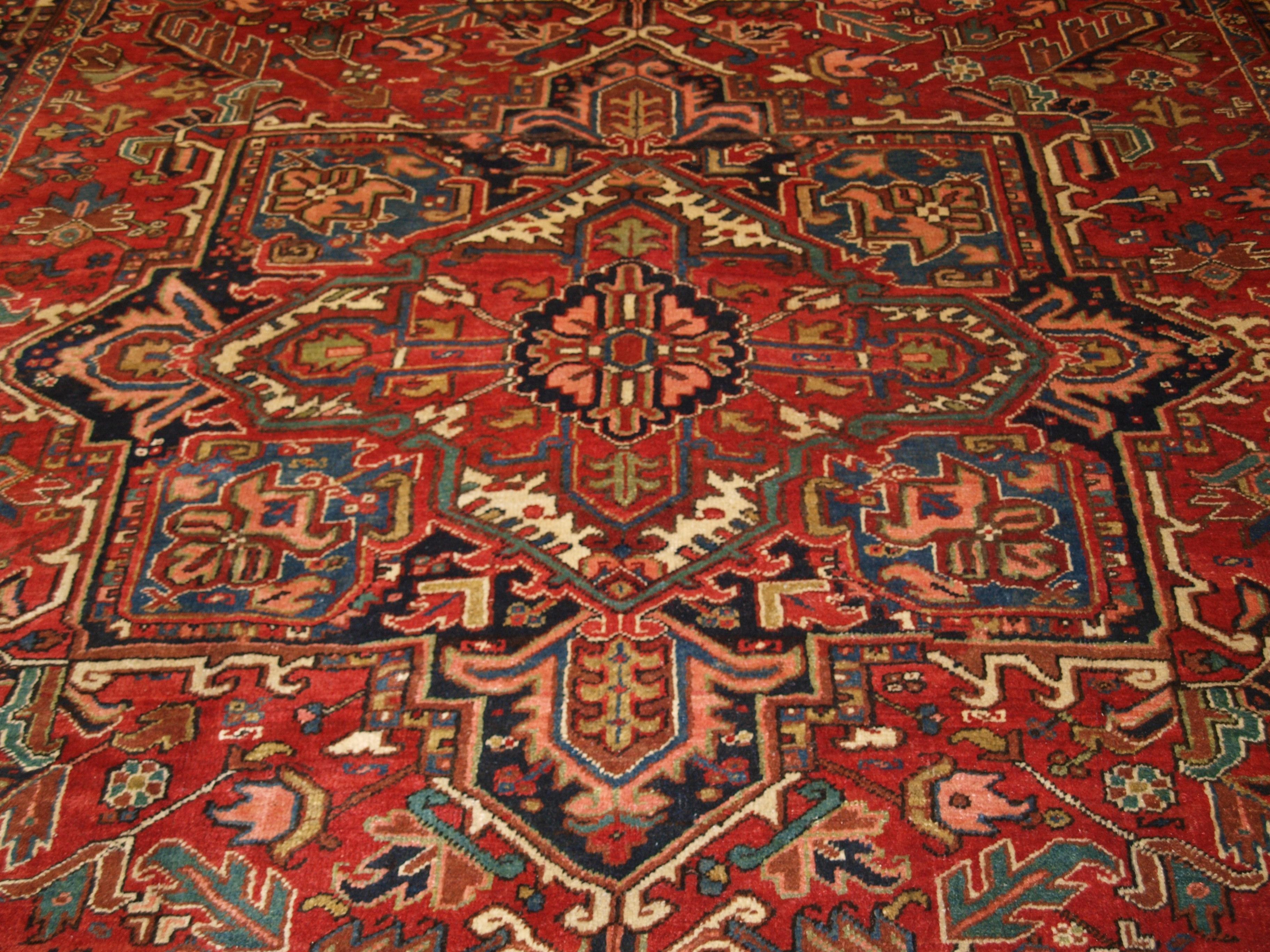Antique Heriz Carpet with Large Medallion on Madder Red Field For Sale 3