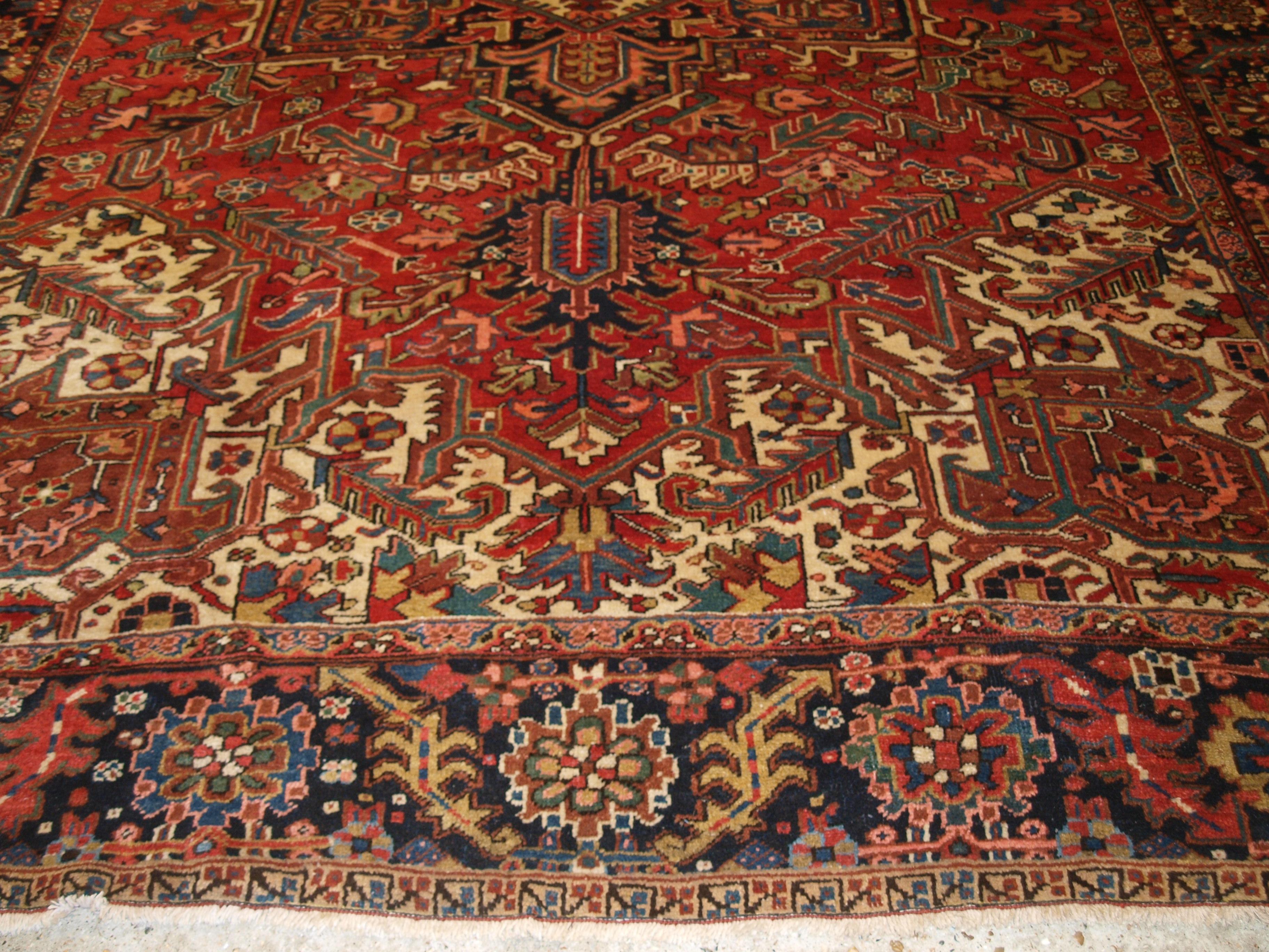 Antique Heriz Carpet with Large Medallion on Madder Red Field For Sale 4
