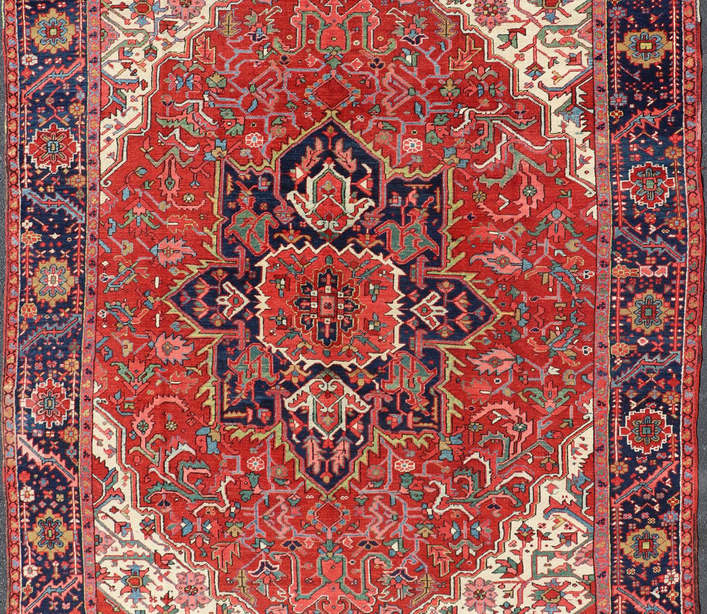 Antique Heriz Carpet with Stylized Central Medallion Set on Tomato Red Field For Sale 2