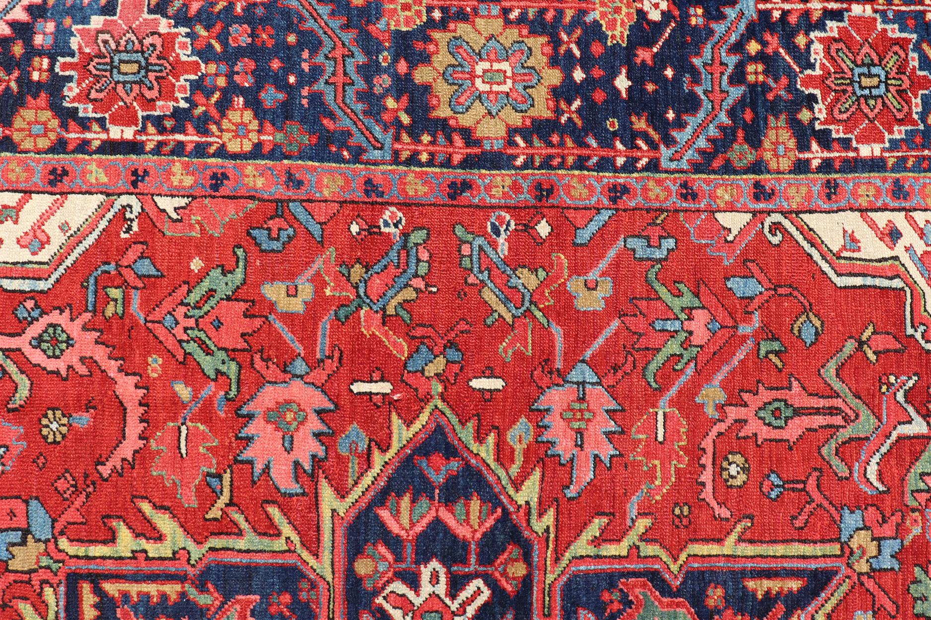 Antique Heriz Carpet with Stylized Central Medallion Set on Tomato Red Field In Good Condition For Sale In Atlanta, GA