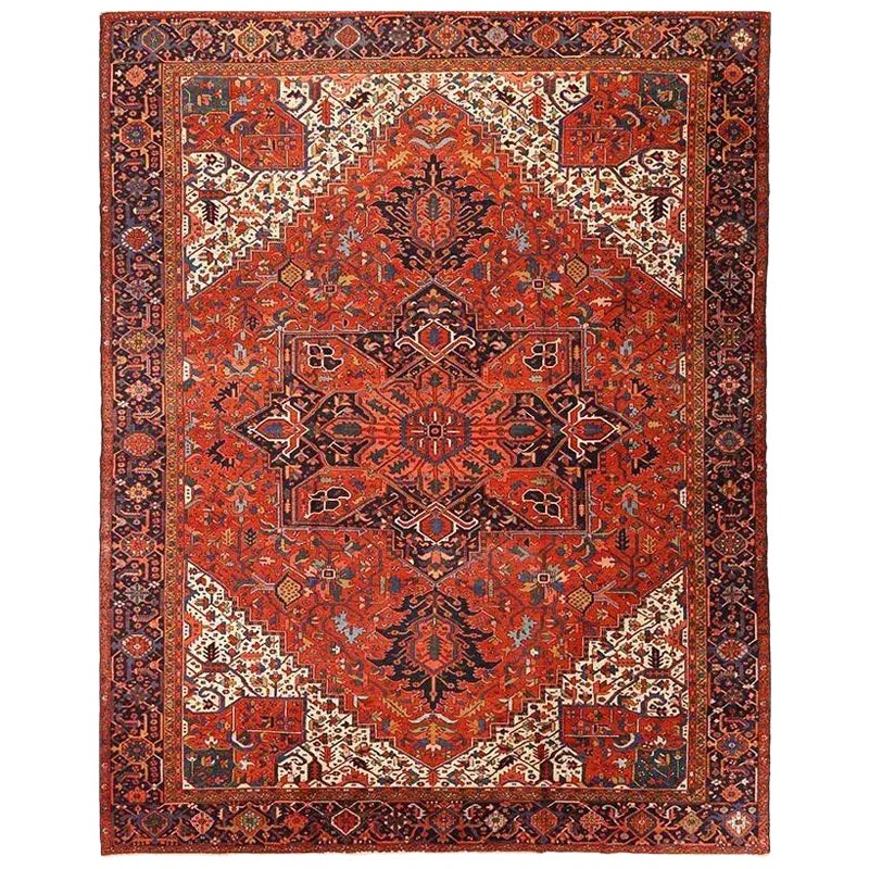 Antique Heriz Hand-knot Wool Area Rug with Bold Geometric Medallion, 12' x 15'4"