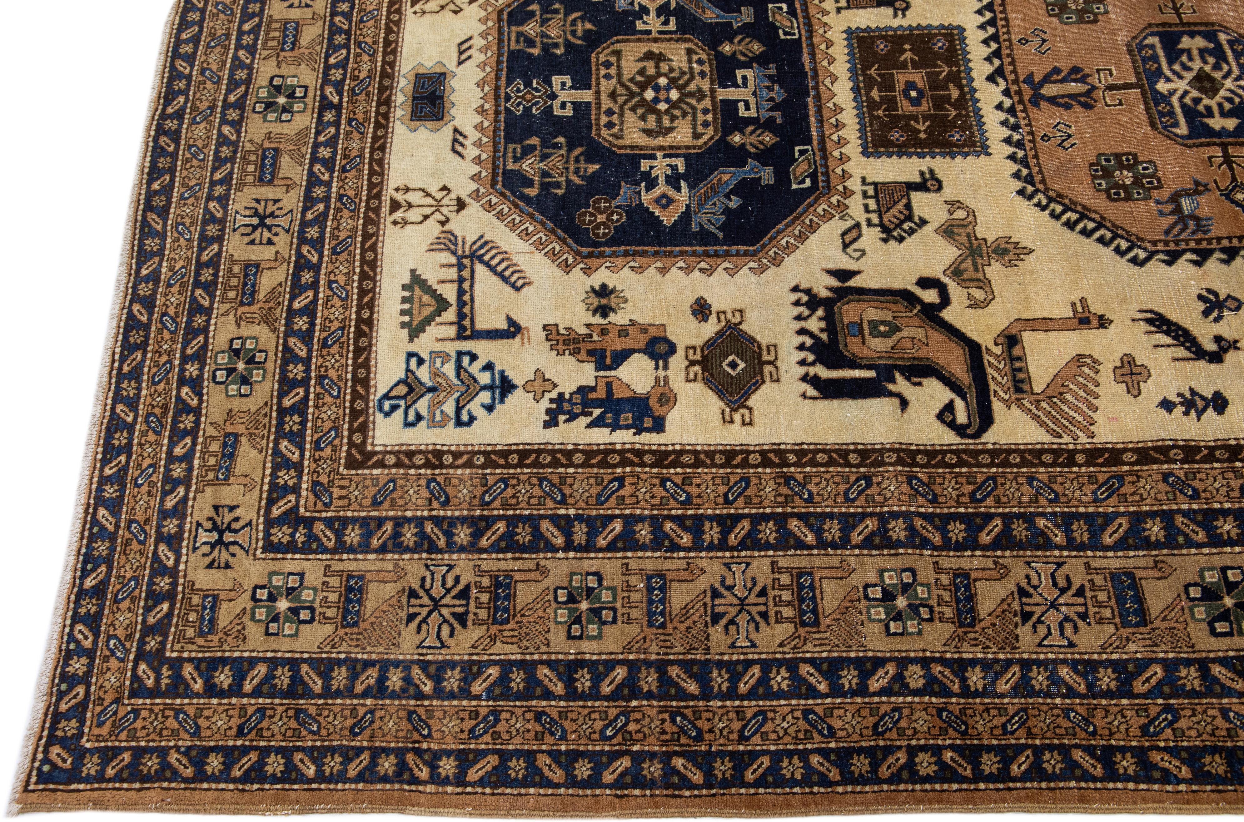 Persian Antique Heriz Handmade Medallion Beige & Brown Wool Rug For Sale