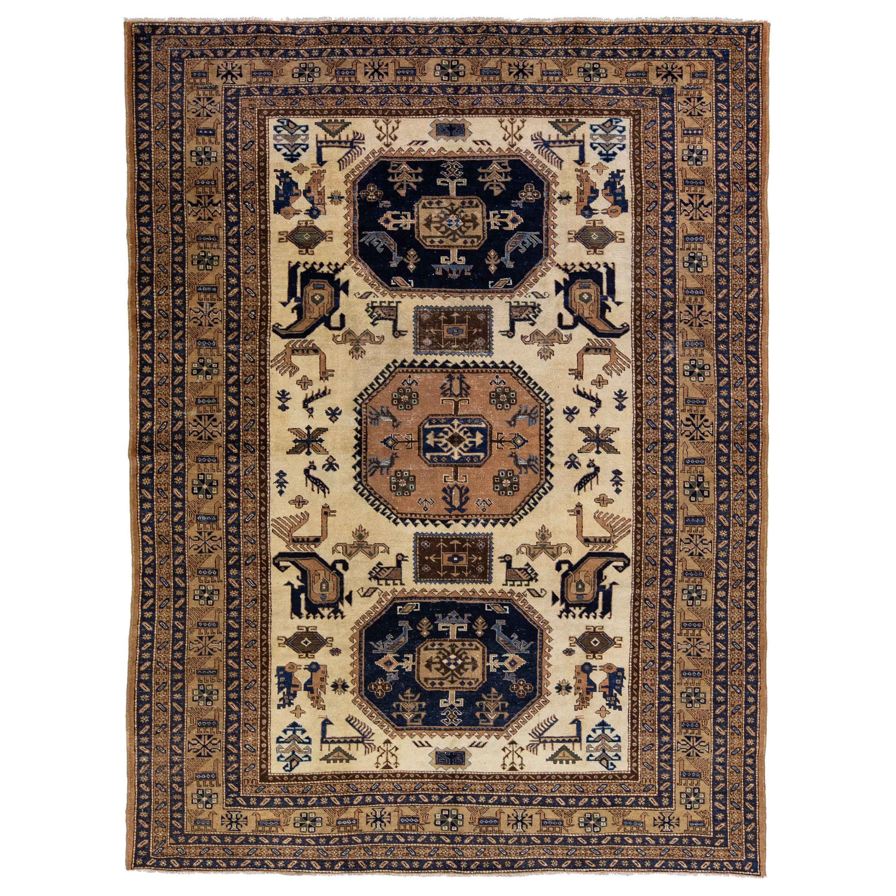 Tapis Heriz ancien en laine beige et marron avec médaillon, fait à la main en vente
