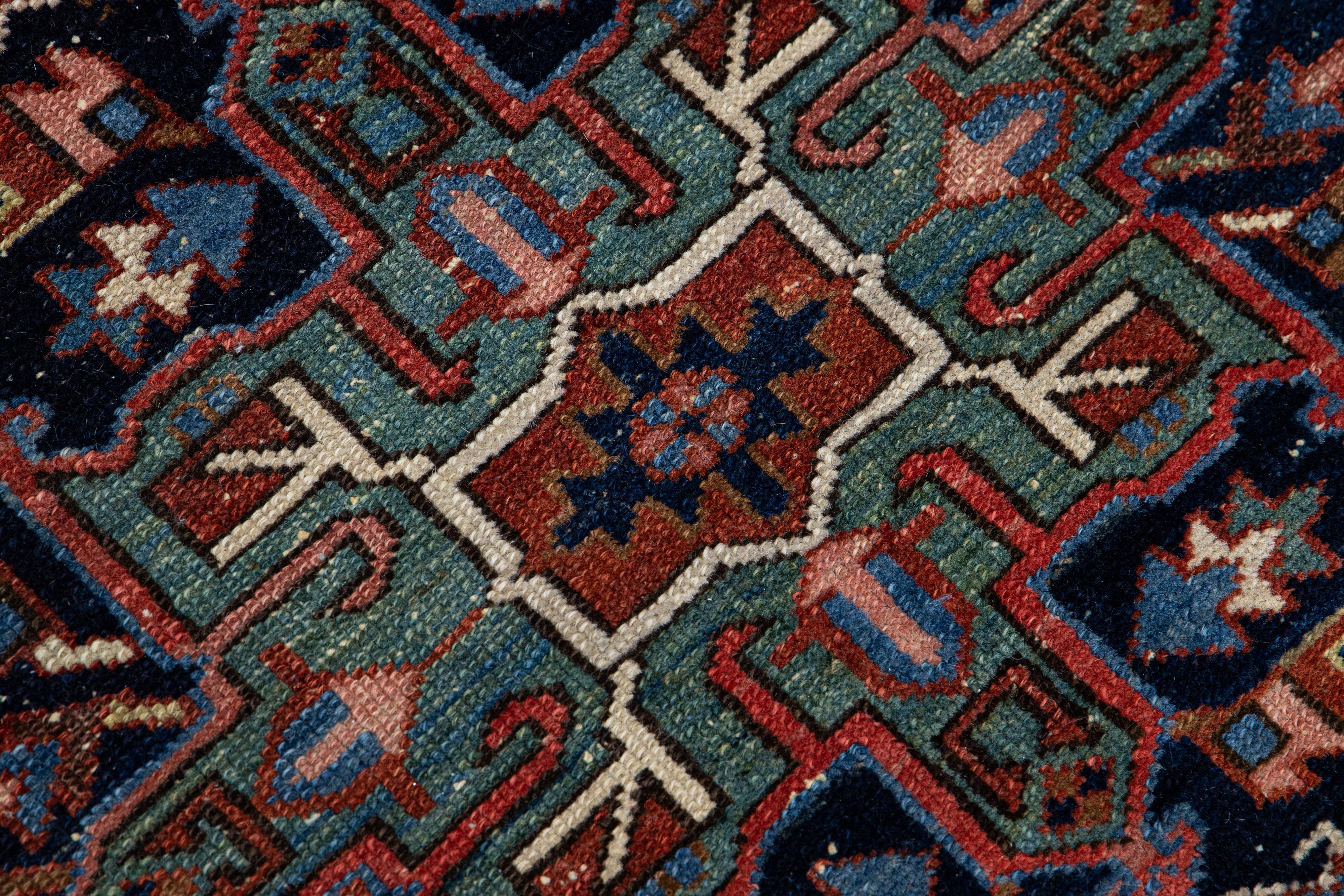 Antique Heriz Handmade Medallion Blue and Red Wool Rug In Excellent Condition For Sale In Norwalk, CT