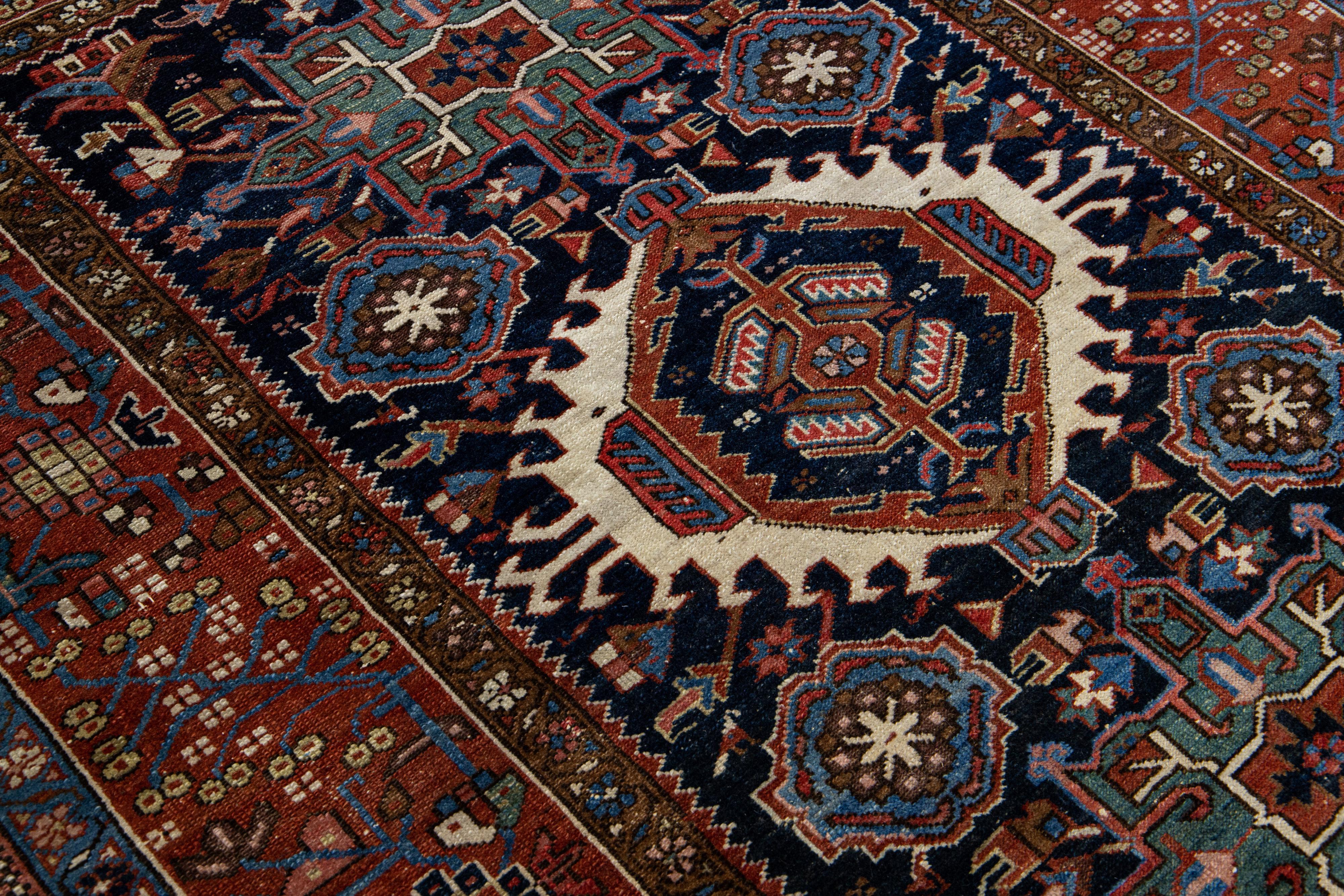 Antique Heriz Handmade Medallion Blue and Red Wool Rug For Sale 2