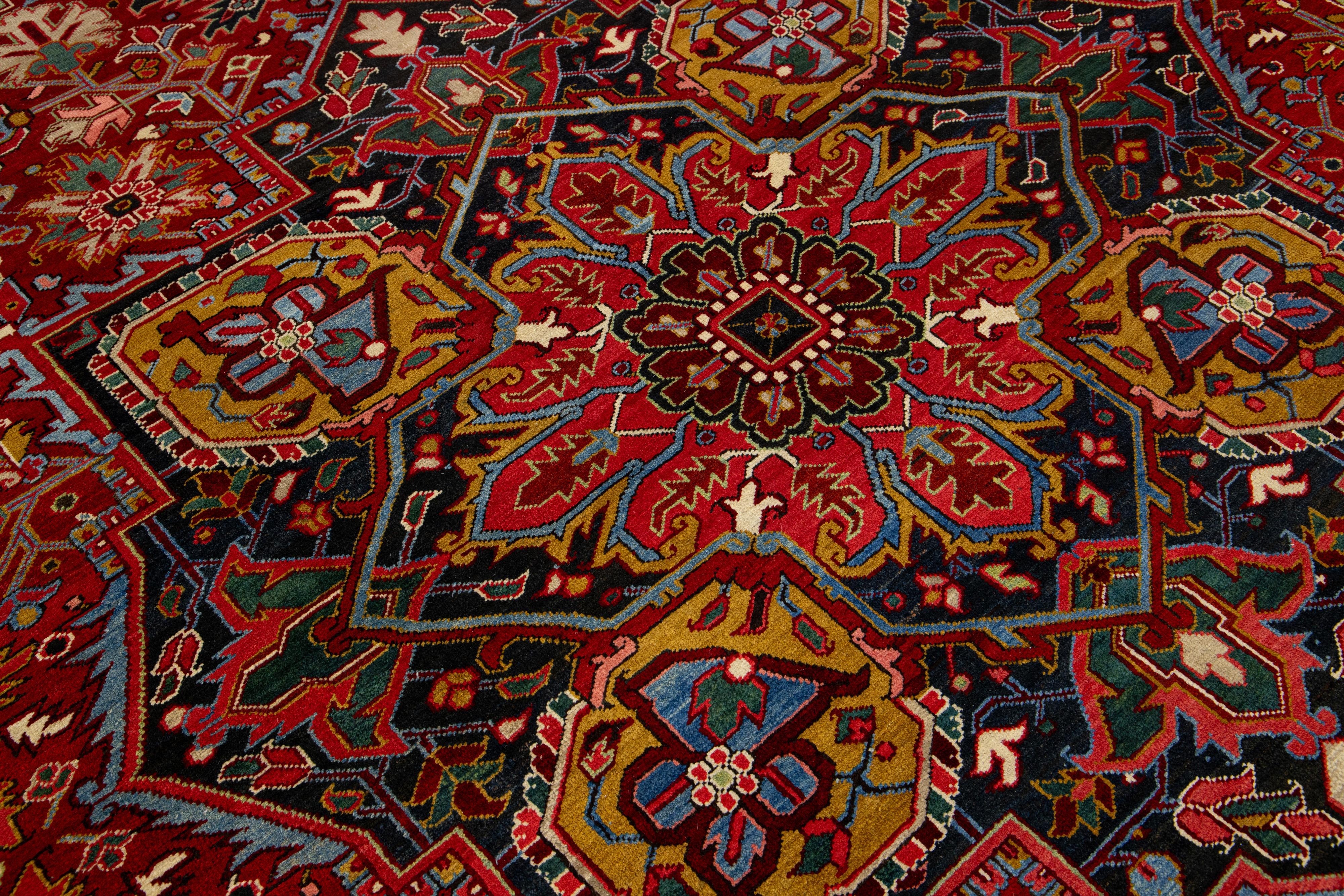 Heriz Serapi Antique Heriz Handmade Persian Medallion Designed Red Wool Rug For Sale