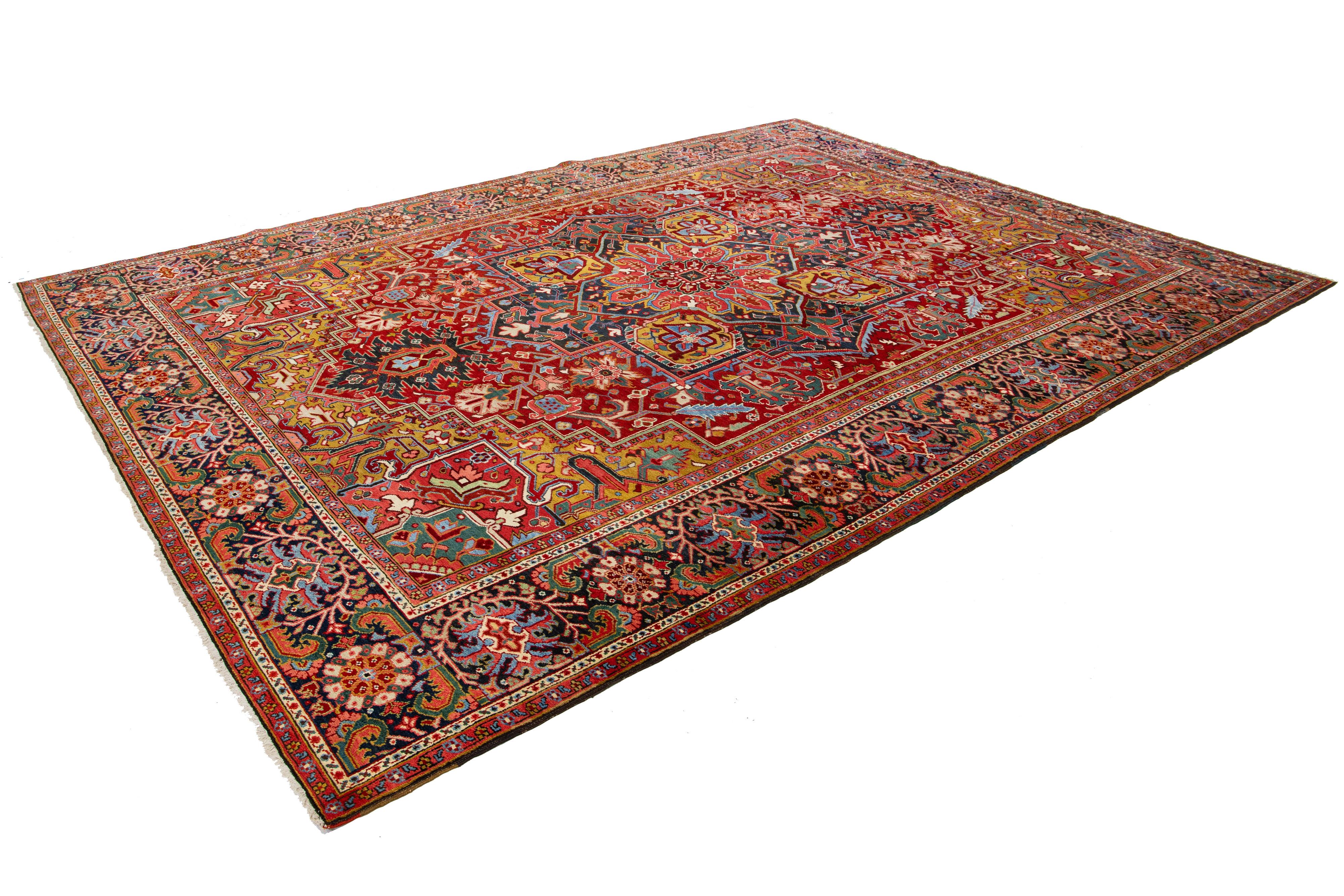 Antique Heriz Handmade Persian Medallion Designed Red Wool Rug In Excellent Condition For Sale In Norwalk, CT
