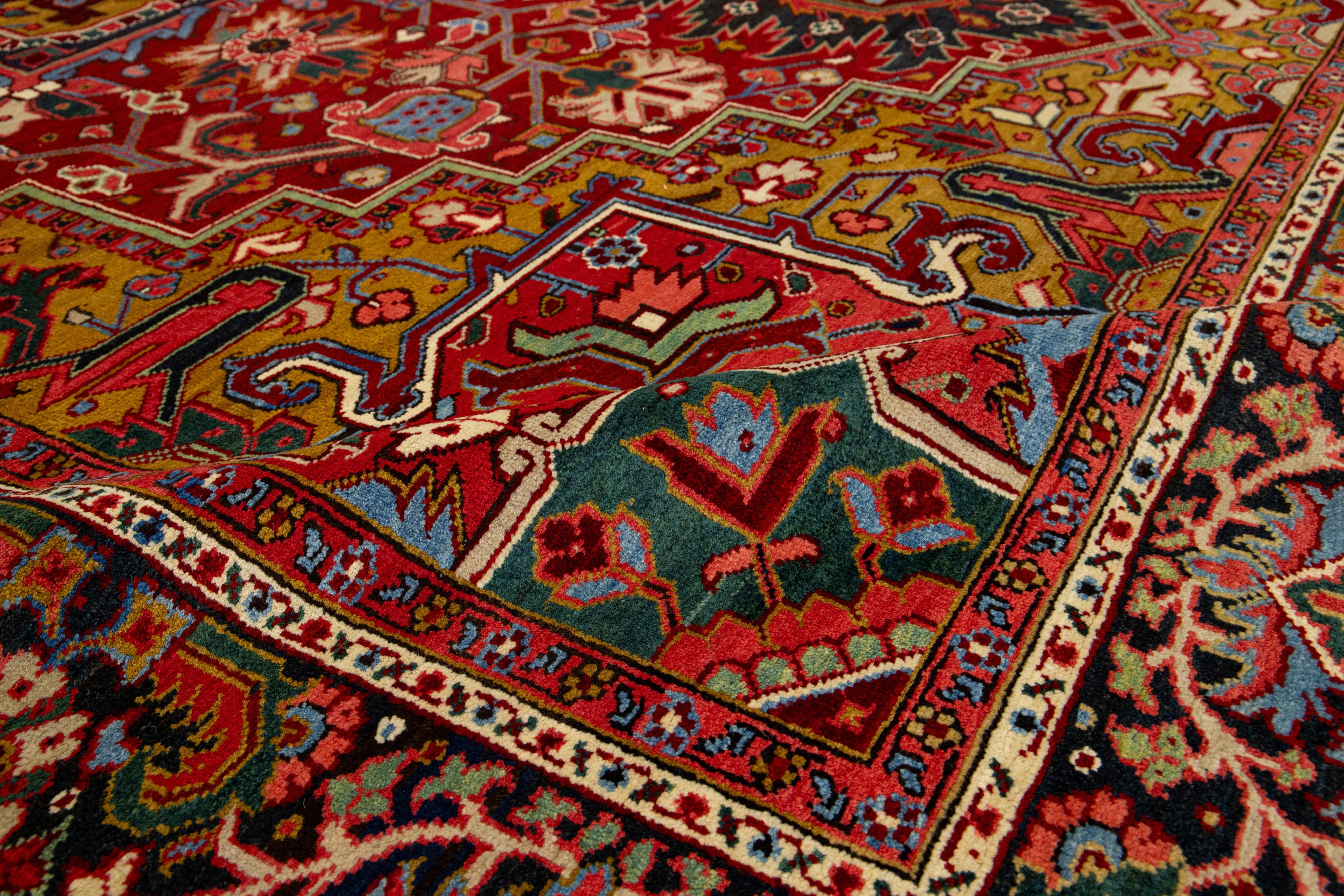 Antique Heriz Handmade Persian Medallion Designed Red Wool Rug For Sale 1