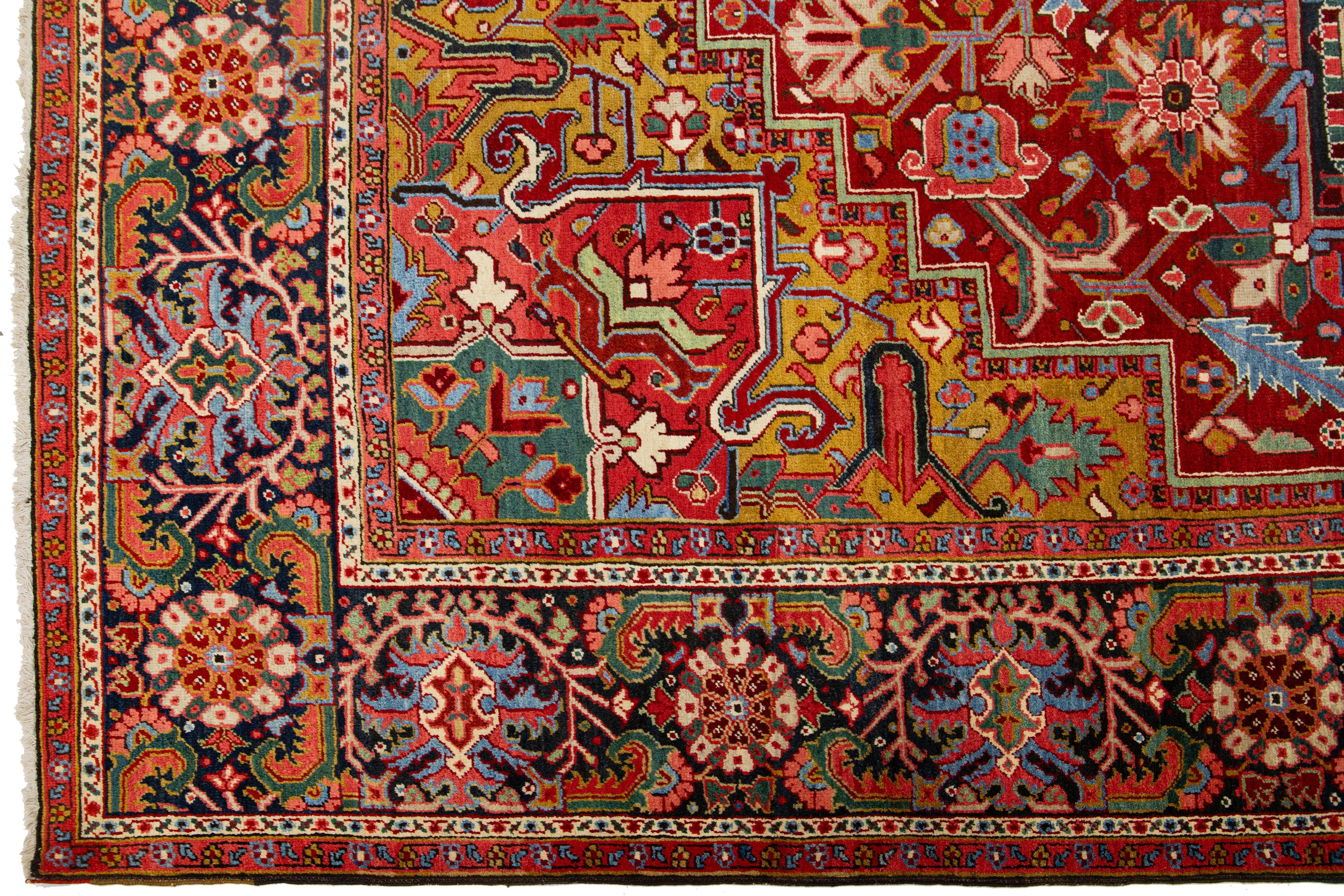 Antique Heriz Handmade Persian Medallion Designed Red Wool Rug For Sale 2