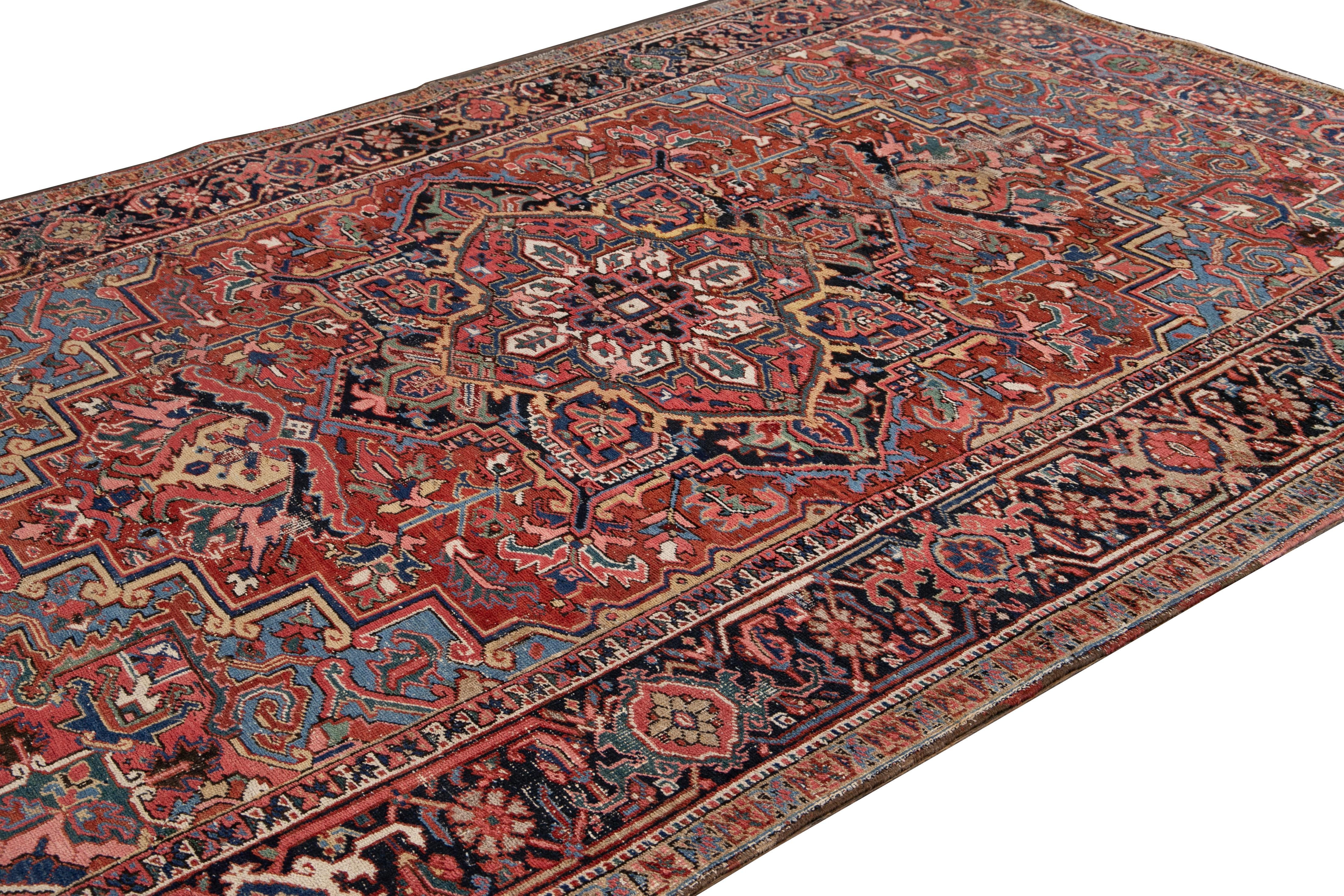 Hand-Knotted Antique Heriz Handmade Rust Medallion Wool Rug For Sale