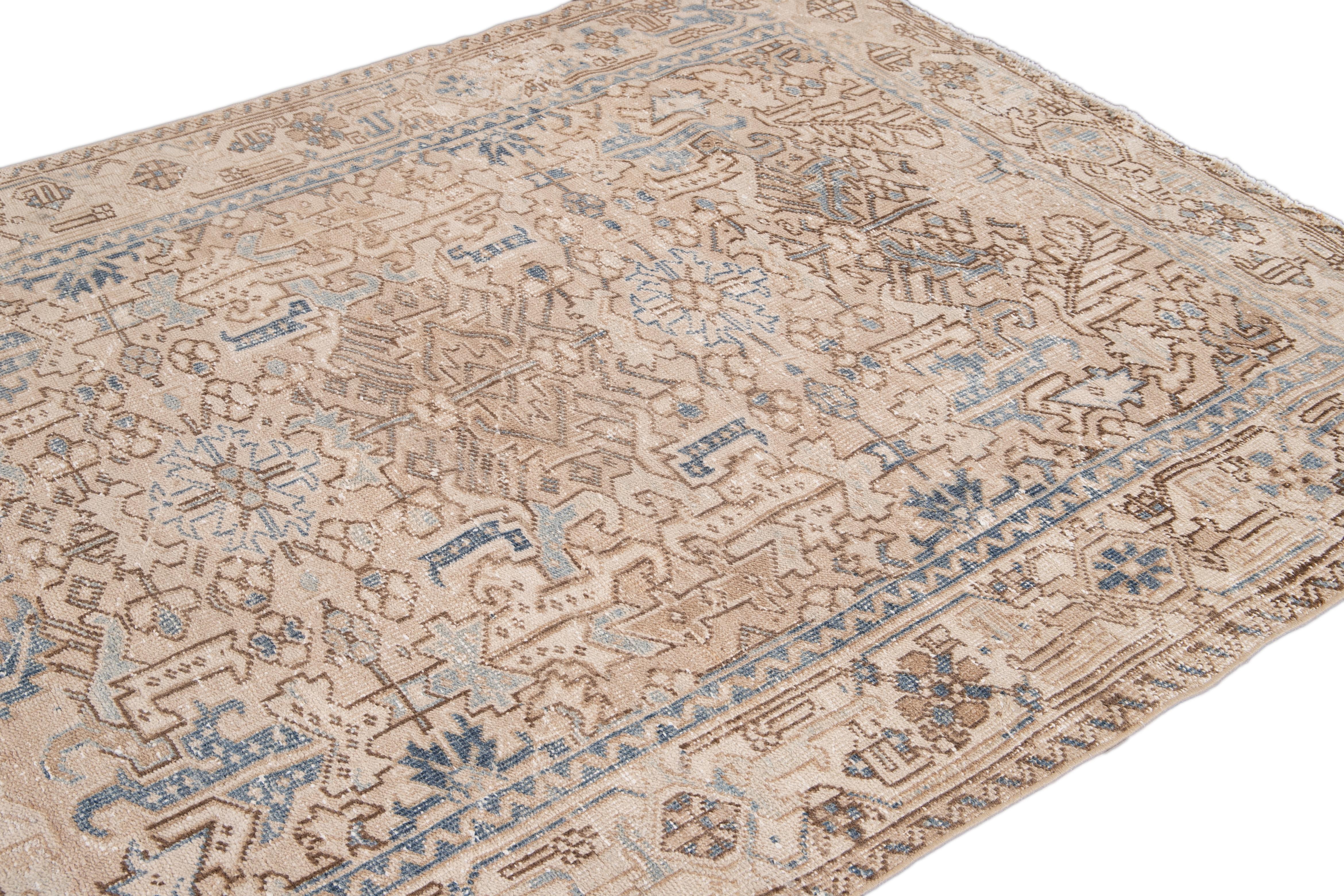 Hand-Knotted Antique Heriz Handmade Shabby Chic Wool Rug For Sale
