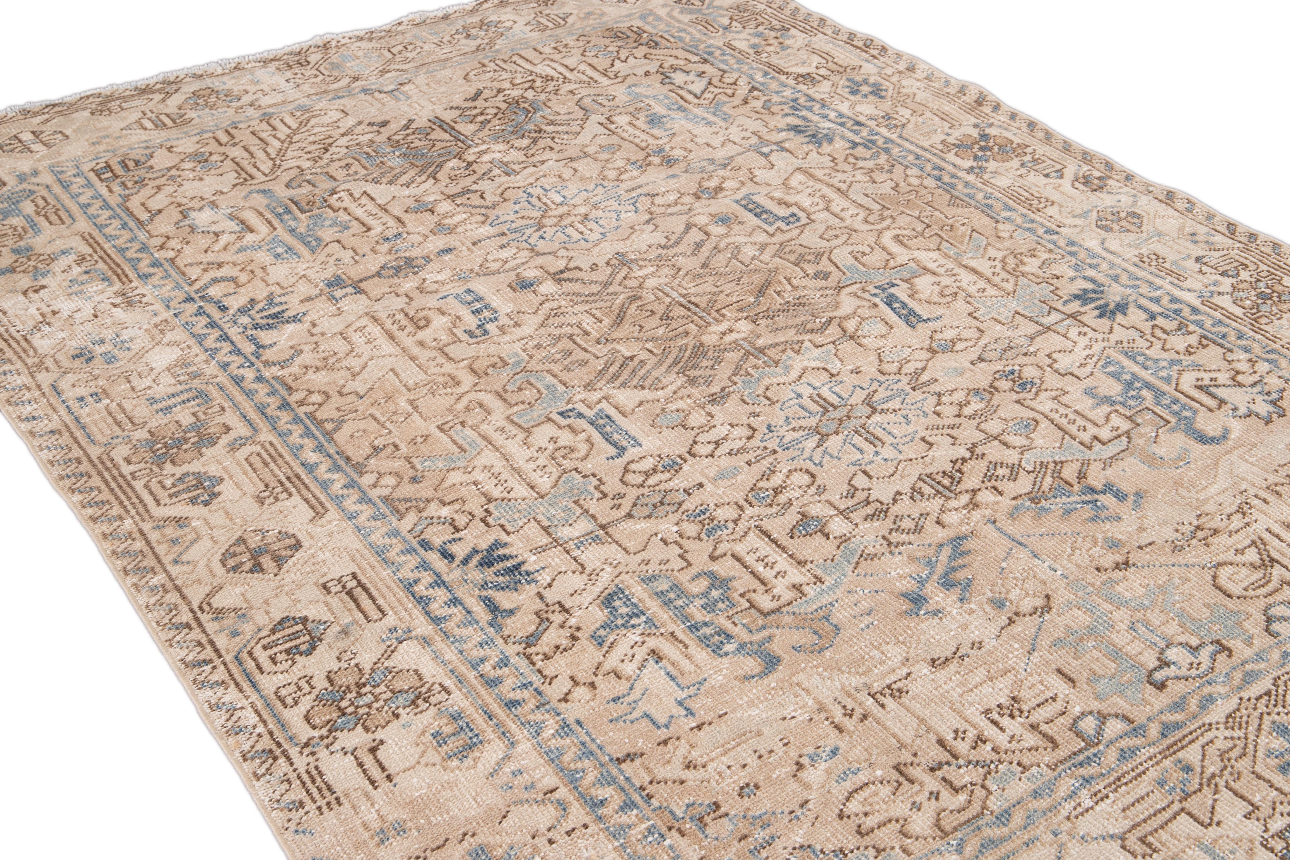 Early 20th Century Antique Heriz Handmade Shabby Chic Wool Rug For Sale