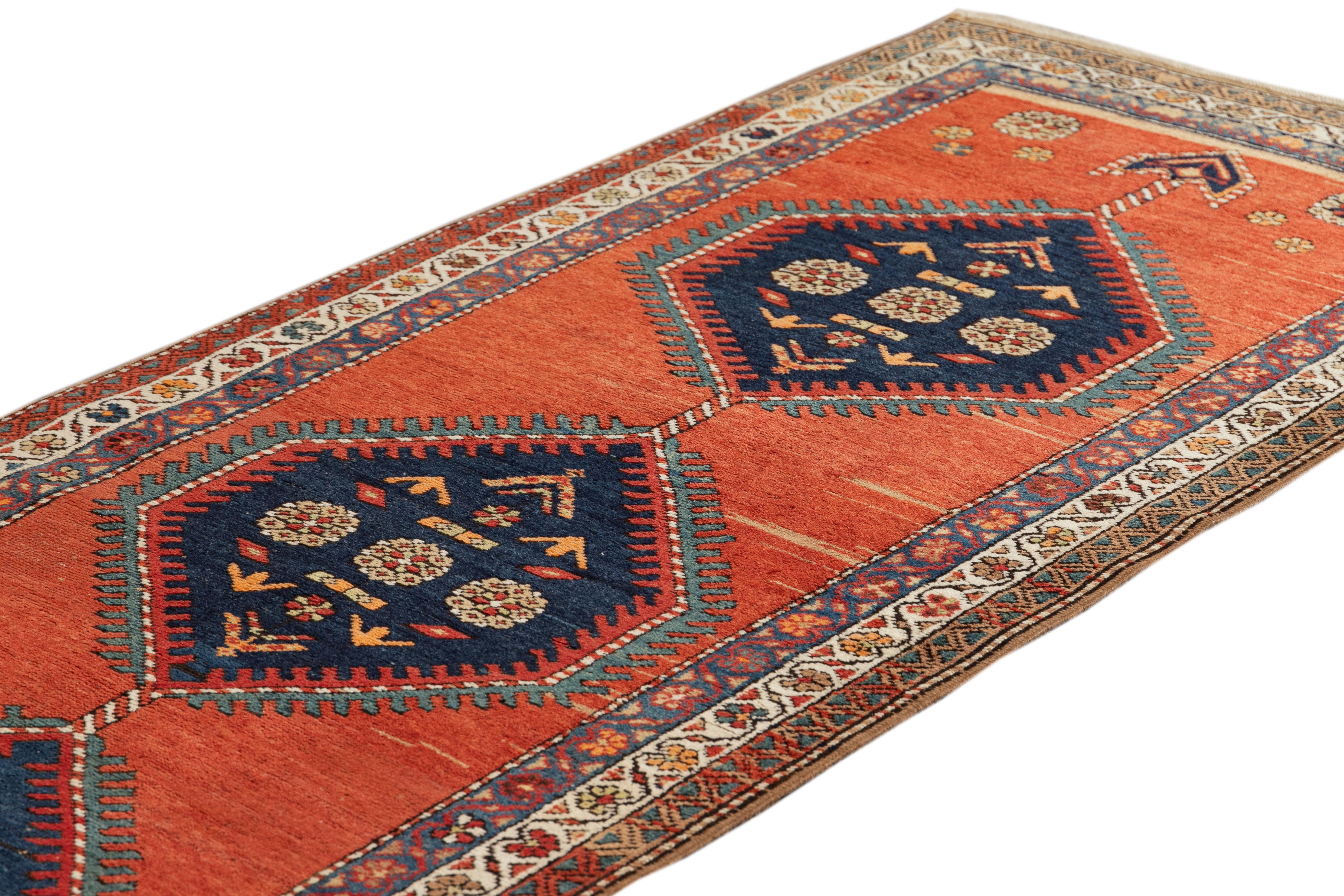 Persian Antique Heriz Handmade Tribal Long Wool Runner With Rust-Orange Color For Sale