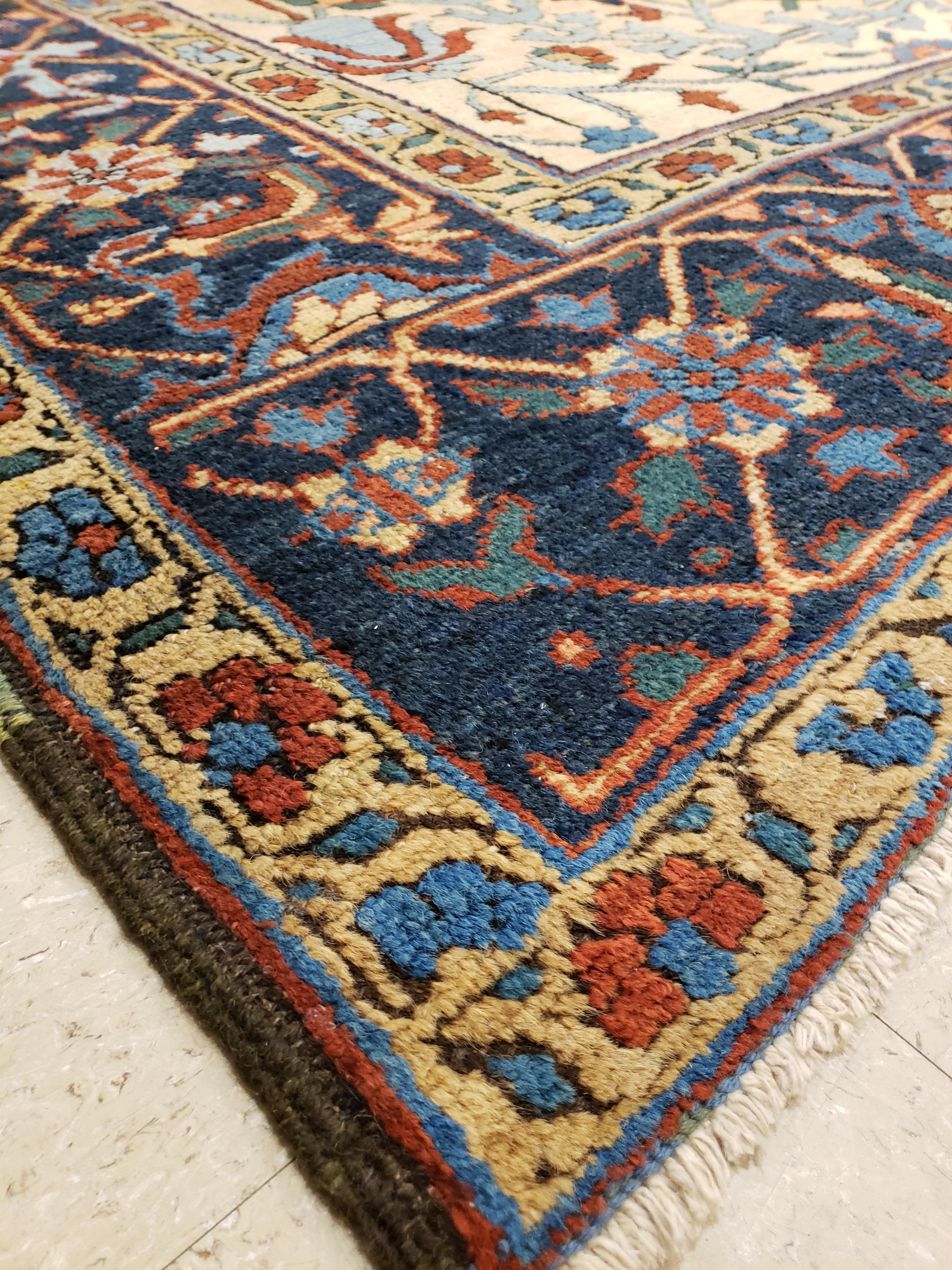 Antique Heriz Northwest Persian Runner, Handmade Rug, Navy Light Blue, Gold Rust For Sale 5