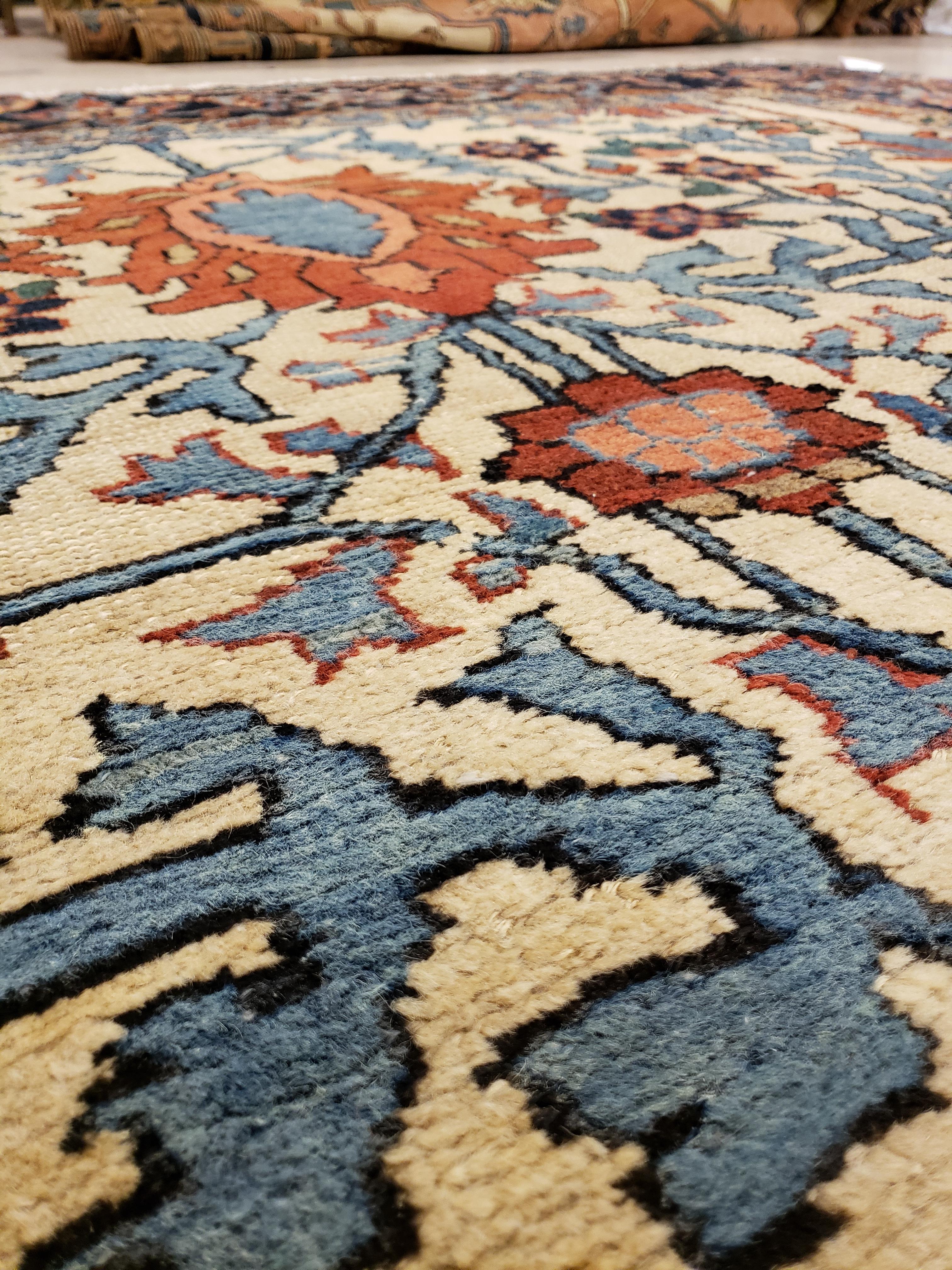 Antique Heriz Northwest Persian Runner, Handmade Rug, Navy Light Blue, Gold Rust In Excellent Condition For Sale In Port Washington, NY