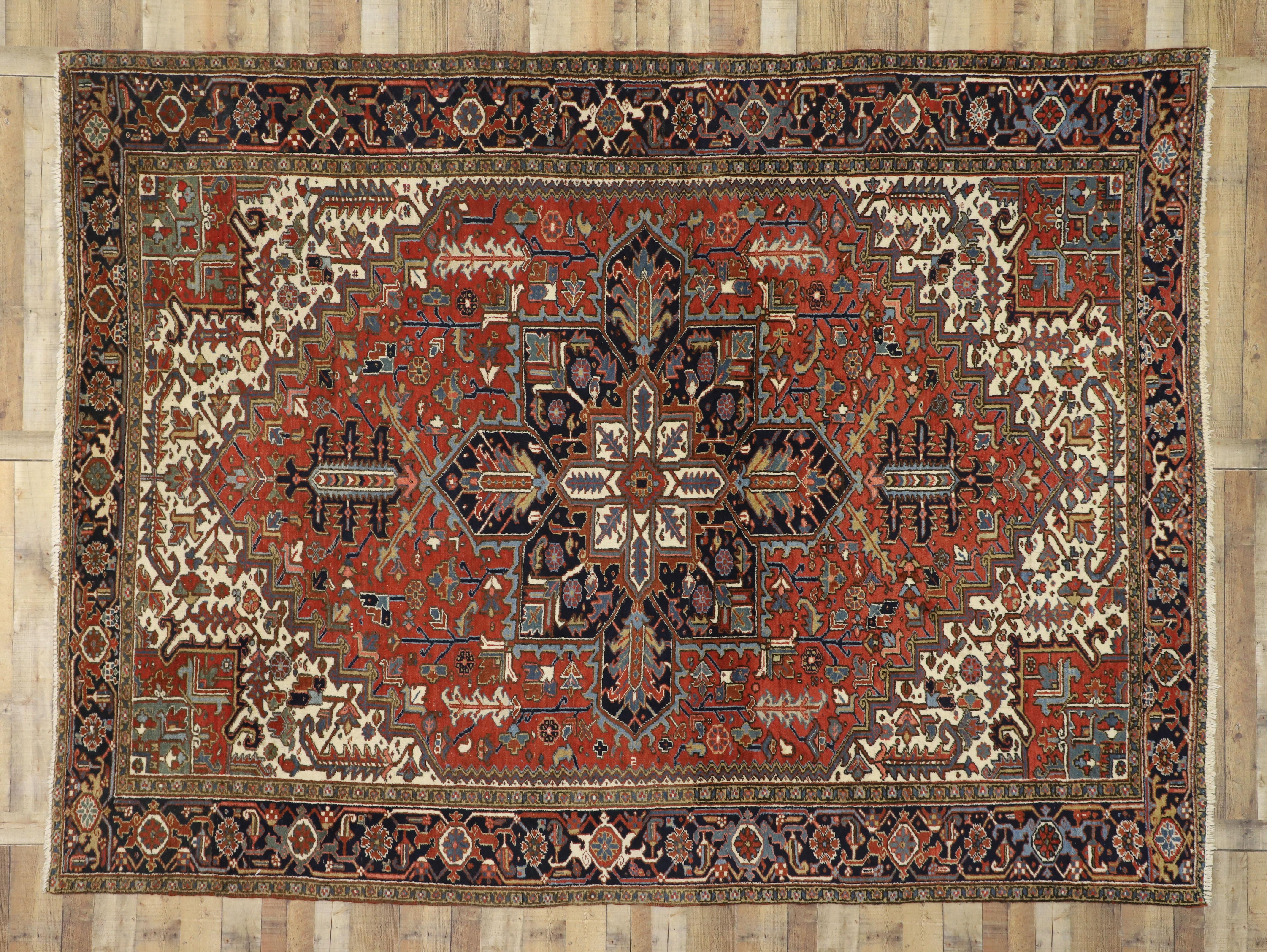Wool Antique Heriz Persian Area Rug with Federal and American Colonial Style
