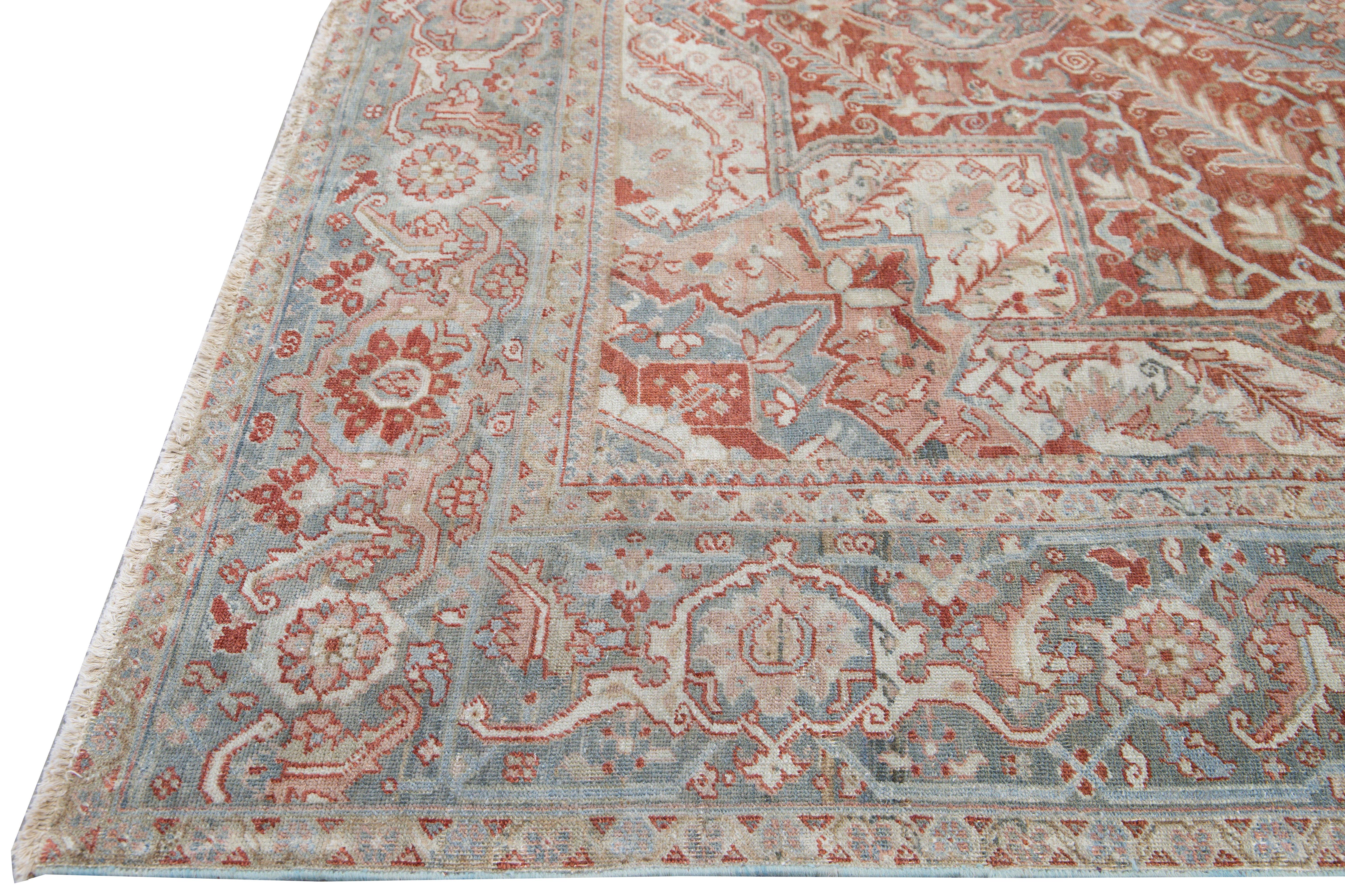 Hand-Knotted Antique Heriz Persian Handmade Floral Medallion Rust Wool Rug For Sale