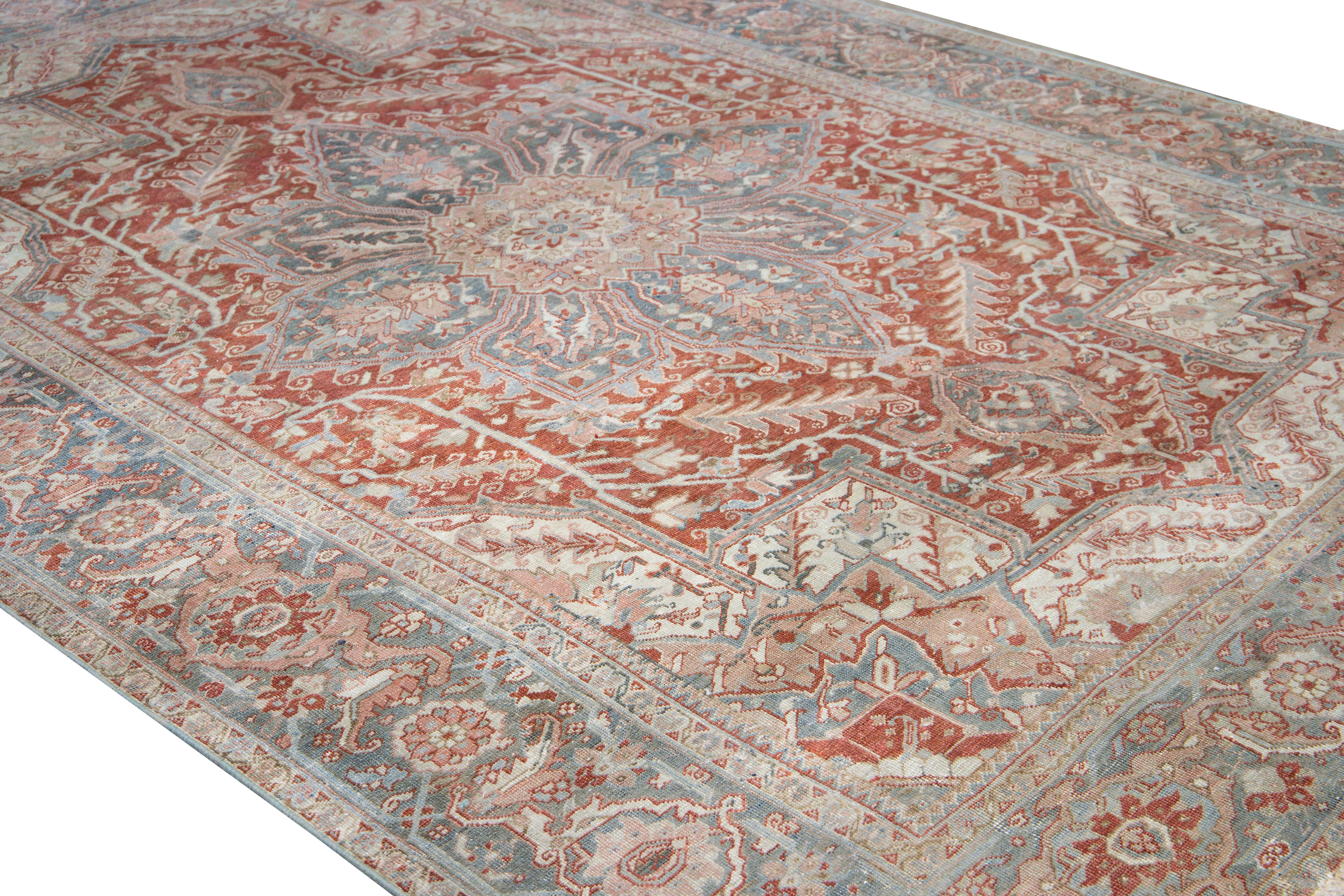Antique Heriz Persian Handmade Floral Medallion Rust Wool Rug In Distressed Condition For Sale In Norwalk, CT