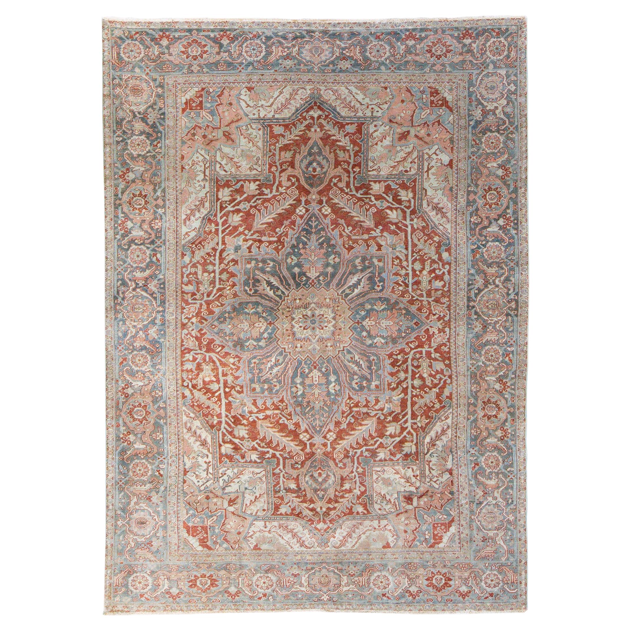 Antiker antiker Heriz Persischer handgefertigter, geblümter Medaillon-Teppich aus rostfarbener Wolle