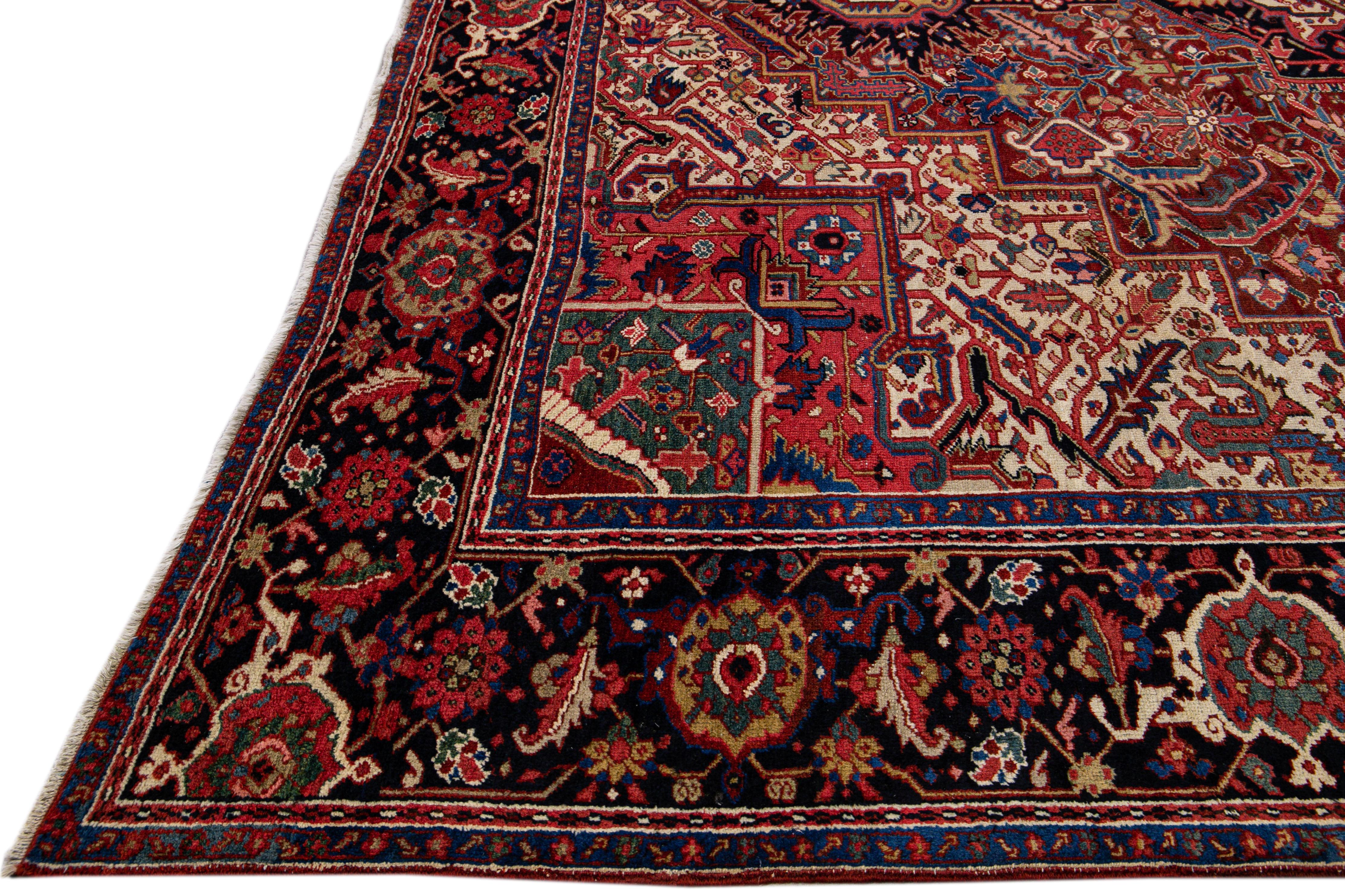 Hand-Knotted Antique Heriz Persian Handmade Medallion Motif Red Wool Rug For Sale
