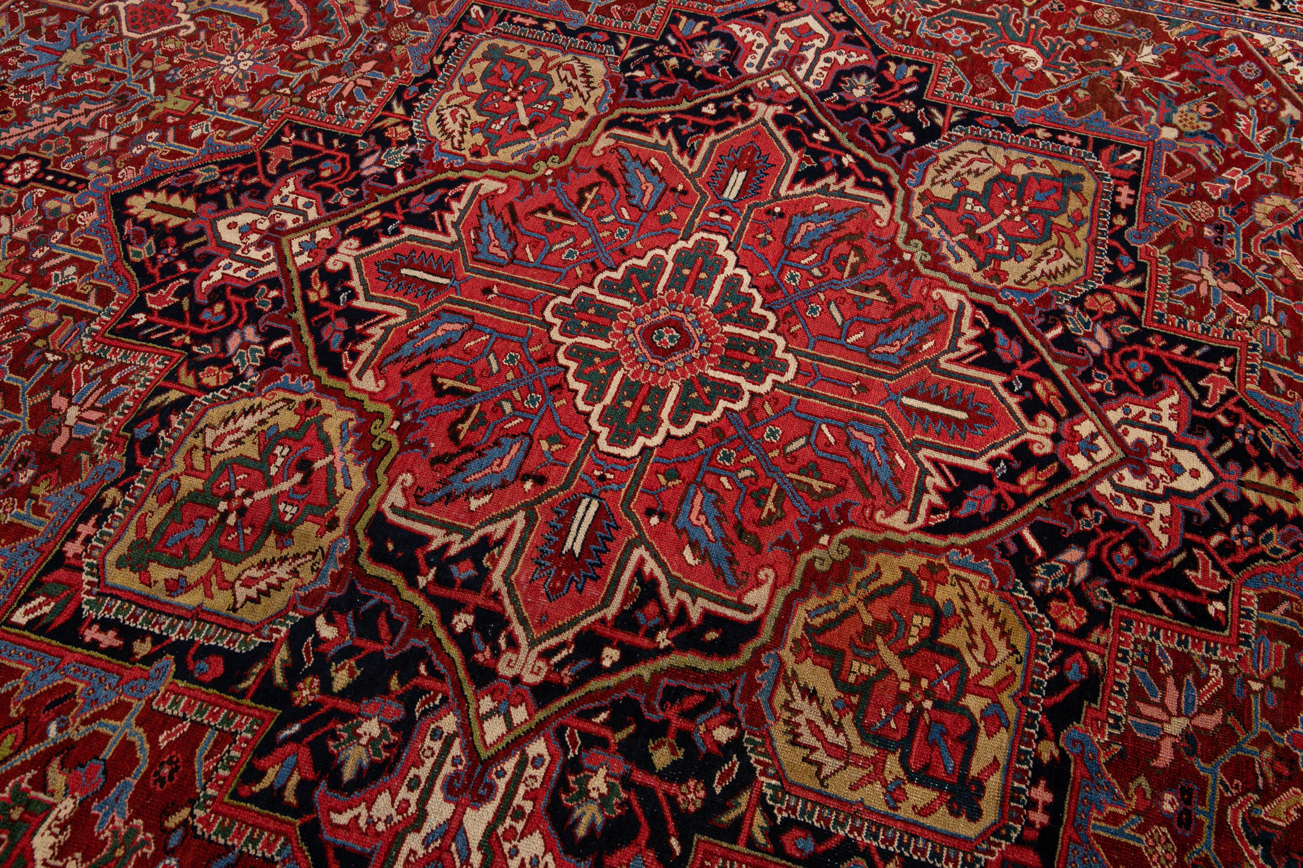 Antique Heriz Persian Handmade Medallion Motif Red Wool Rug For Sale 3