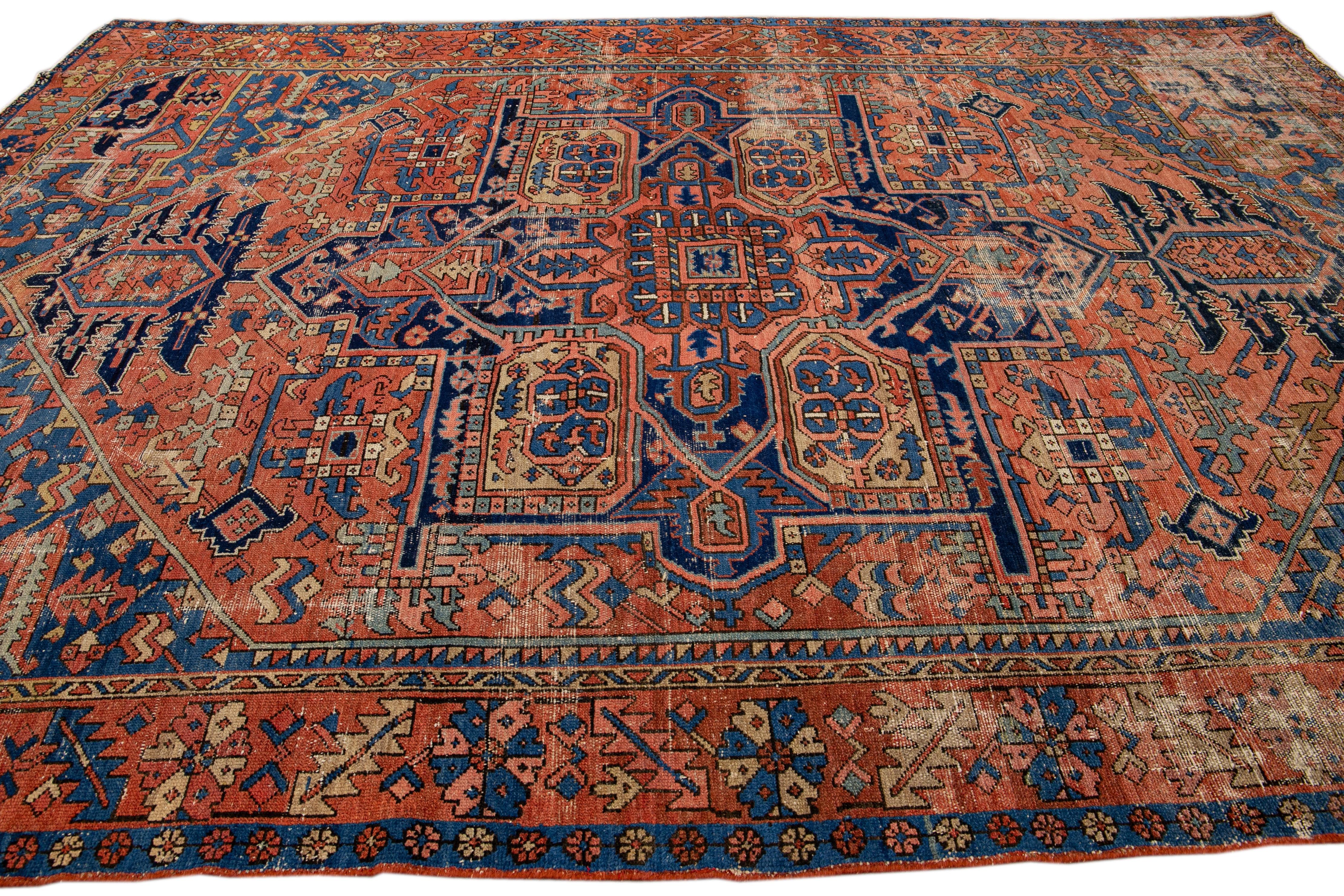 Antique Heriz Persian Handmade Medallion Motif Rusted Wool Rug In Distressed Condition For Sale In Norwalk, CT