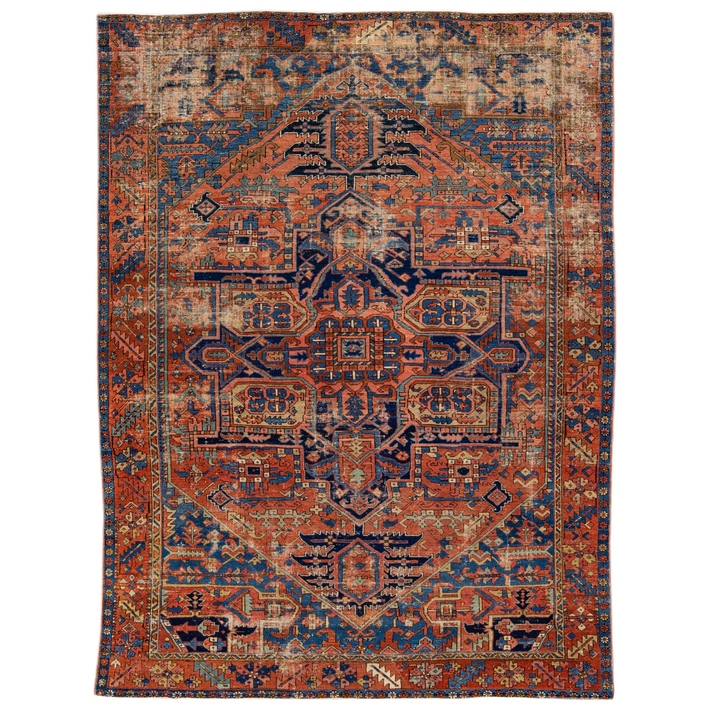 Antique Heriz Persian Handmade Medallion Motif Rusted Wool Rug